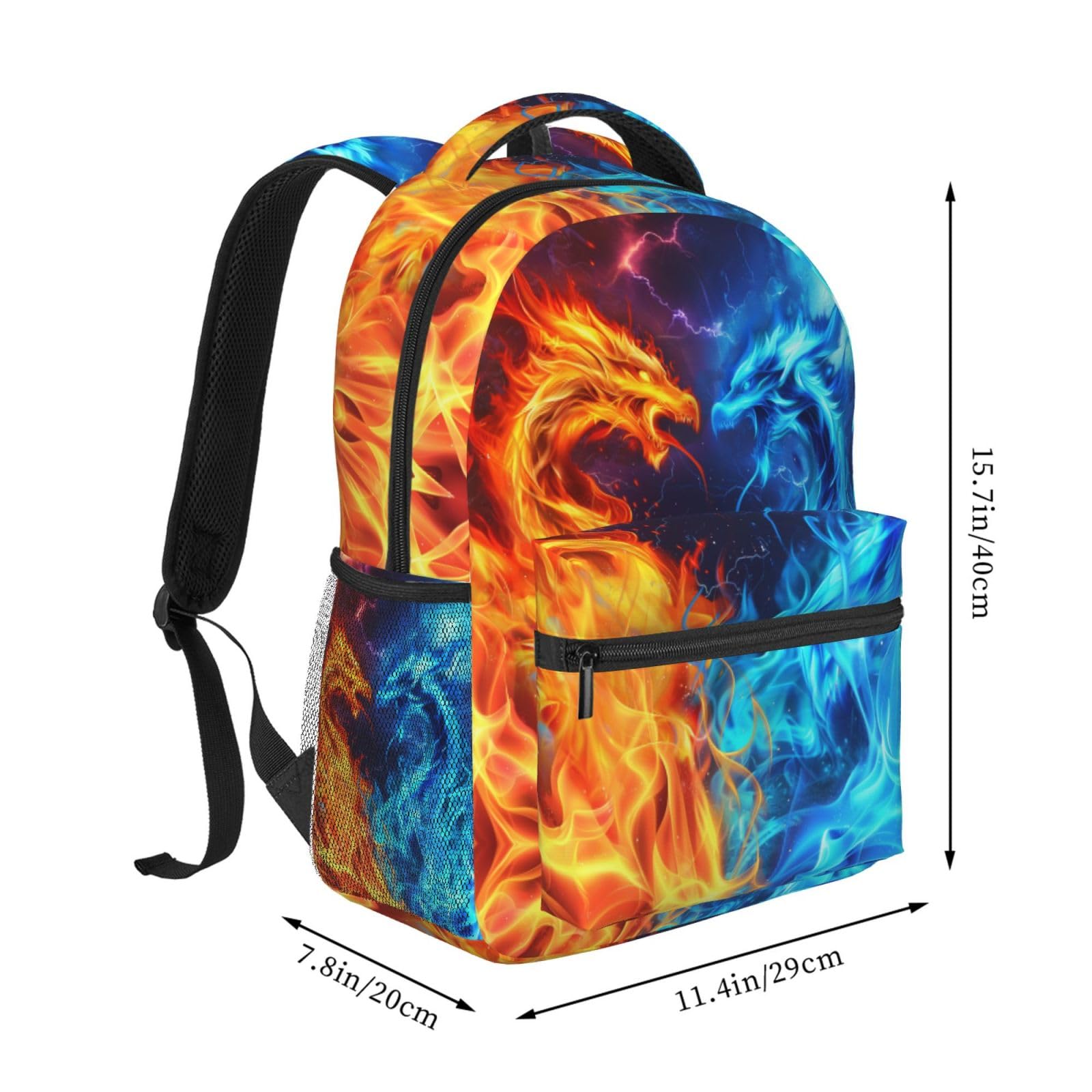 **Dragon Backpack for Kids & Teens - Lightweight Adjustable School Bookbag for Boys & Girls, Elementary to High School, Travel Daypack (Red/Blue Fire Design) - Cool Galaxy & Lightning Prints - Perfect for School, Travel & Gifts**