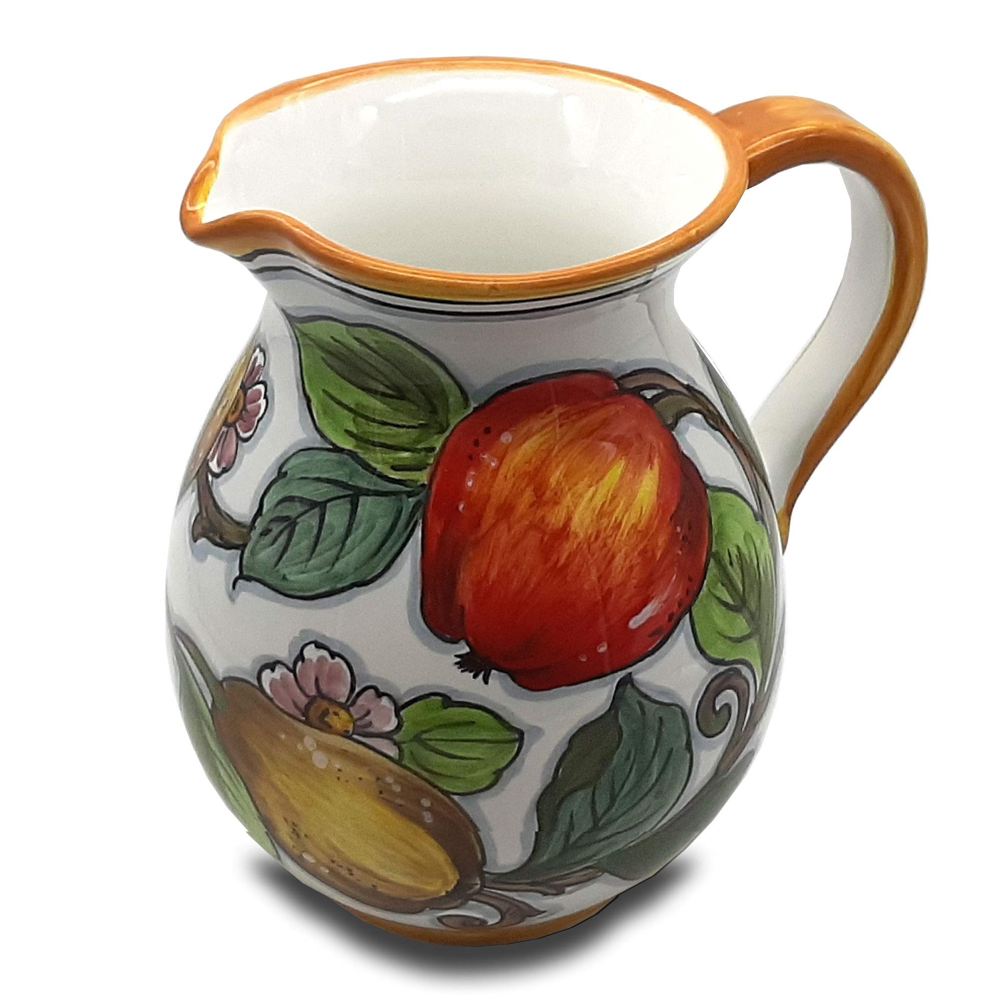 Italian Ceramic Pitcher 33oz - Hand Painted Fruit Design Kitchen Carafe & Utensil Holder - Tuscan Pottery Wine Dispenser - Authentic Italy Home Decor for Dining Table, Kitchen Counter & Gift Giving