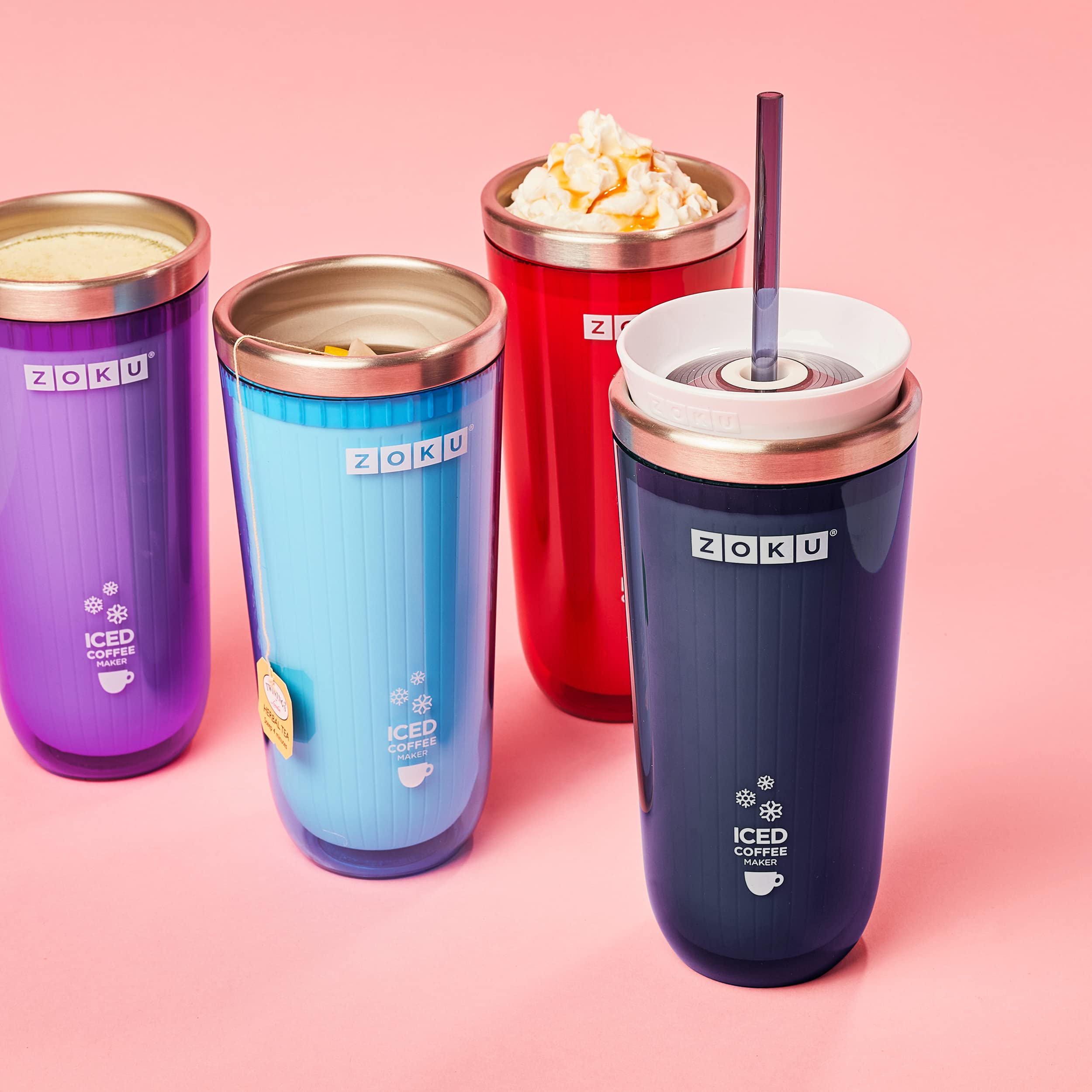 Zoku Instant Iced Coffee Maker - Reusable Beverage Chiller Cools Hot Drinks Fast Without Dilution | 11oz Portable Tumbler with Leak-Proof Lid & Straw (Red) | Perfect for Office, Travel & Outdoor Activities