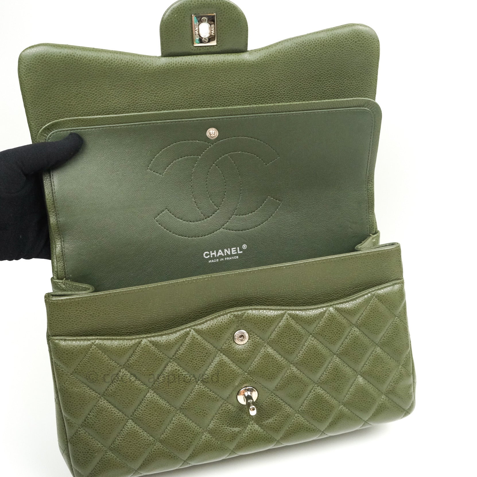Chanel Classic Jumbo Double Flap Quilted Handbag in Green Caviar Leather with Silver Hardware - Luxury Designer Crossbody Bag for Women, Perfect for Parties, Work & Everyday Use