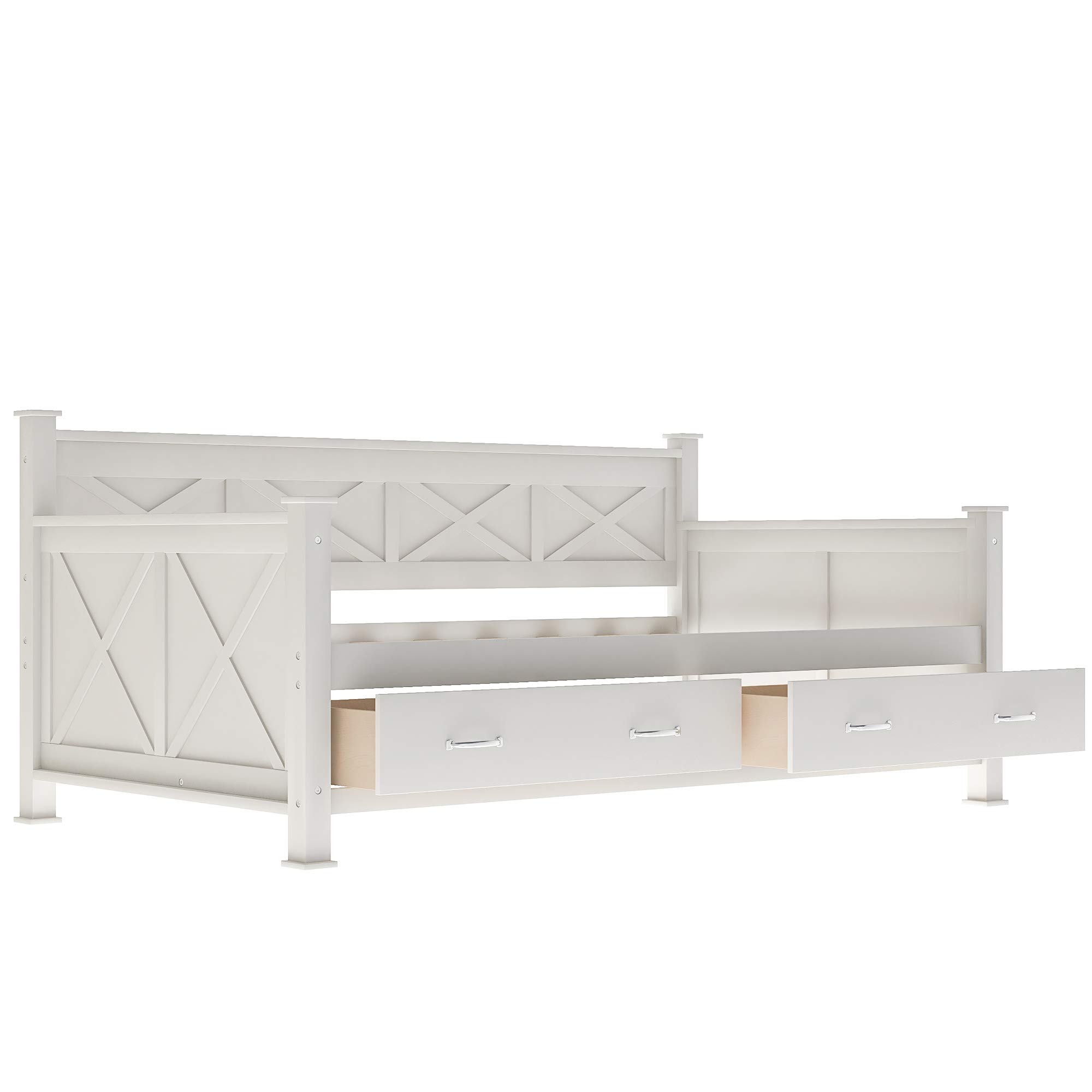 Merax Twin Size Wooden Daybed with 2 Large Drawers - X-Shaped Frame, Modern Rustic Design, Wood Slat Support (No Box Spring Needed) - Easy Assembly White Daybed for Guest Room, Dorm, or Living Room