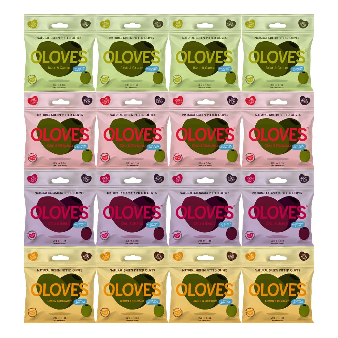 Pitted Green Olives & Kalamata Olives Variety Pack - 4 Flavors: Basil Garlic, Chili Oregano, Lemon Rosemary, Chili Garlic (1.1oz, 16 Pack) | Keto-Friendly Snack for Charcuterie Boards, Salads & Healthy Eating