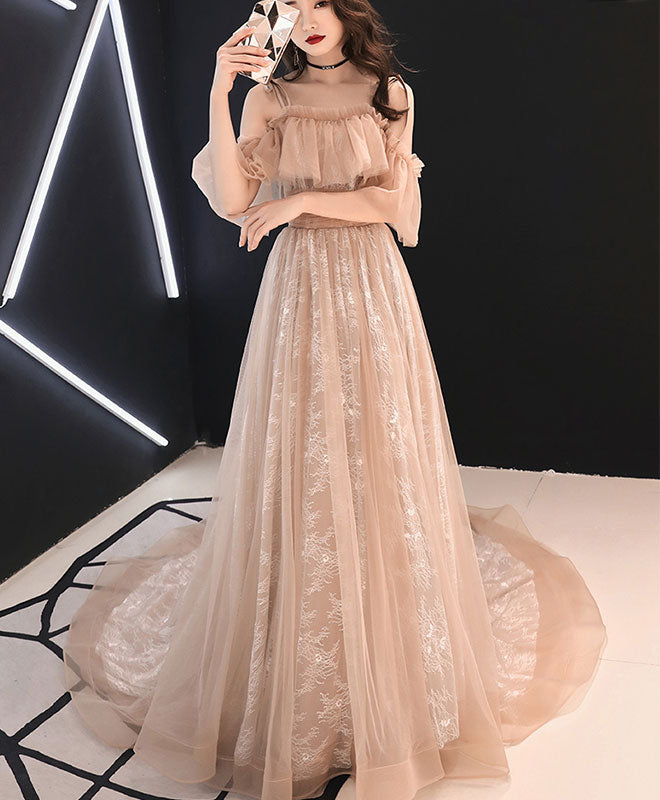 Elegant Champagne Tulle Lace Long Prom Dress for Women - Formal Evening Gown for Homecoming, Wedding, Quinceañera & Special Occasions