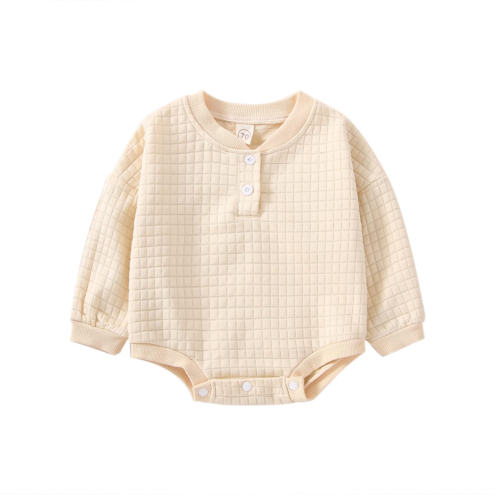 Emmababy Baby Boy & Girl Long Sleeve Waffle Knit Jumpsuit - Oversized Crewneck Sweatshirt Romper with Buttons - Cozy Fall Outfit for Infants - Perfect for Playdates, Family Photos & Autumn Adventures