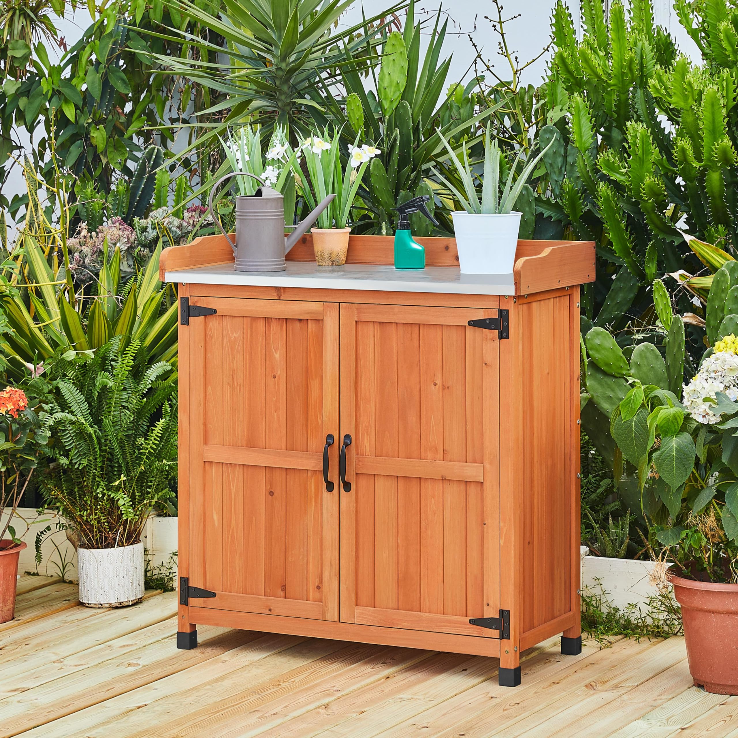 Yaheetech Outdoor Garden Potting Bench - Solid Wood Planting Work Table with Storage Cabinet & Metal-Plated Tabletop for Patio, Gardening, and DIY Projects - Perfect for Organizing Tools, Pots, and Supplies in Your Backyard or Greenhouse