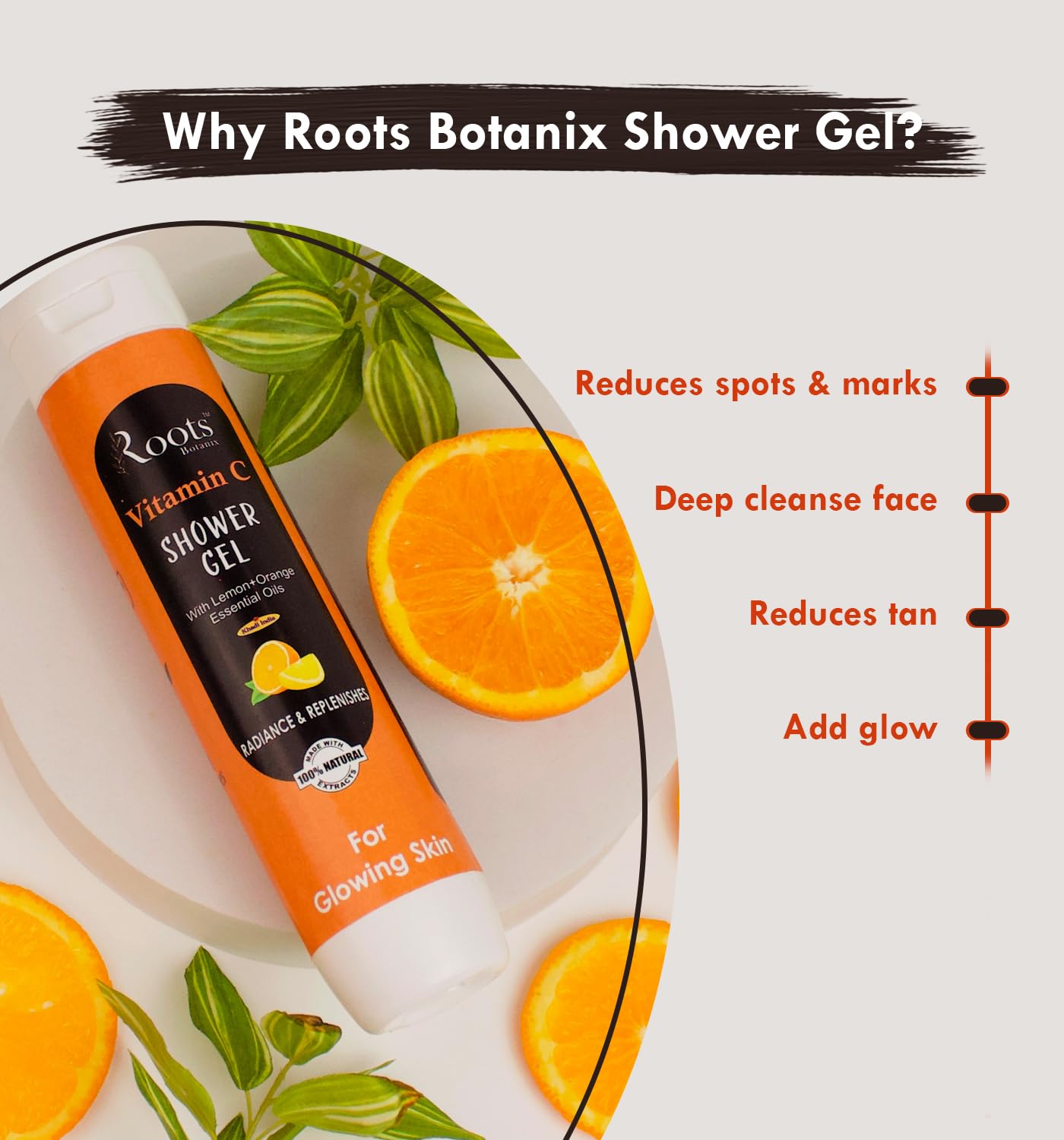 Roots Botanix Vitamin C Body Wash with Orange & Lemon Essential Oils - Hydrating & Brightening Shower Gel for Glowing Skin (400ml) | Perfect for Morning Refreshment & Post-Workout Cleansing