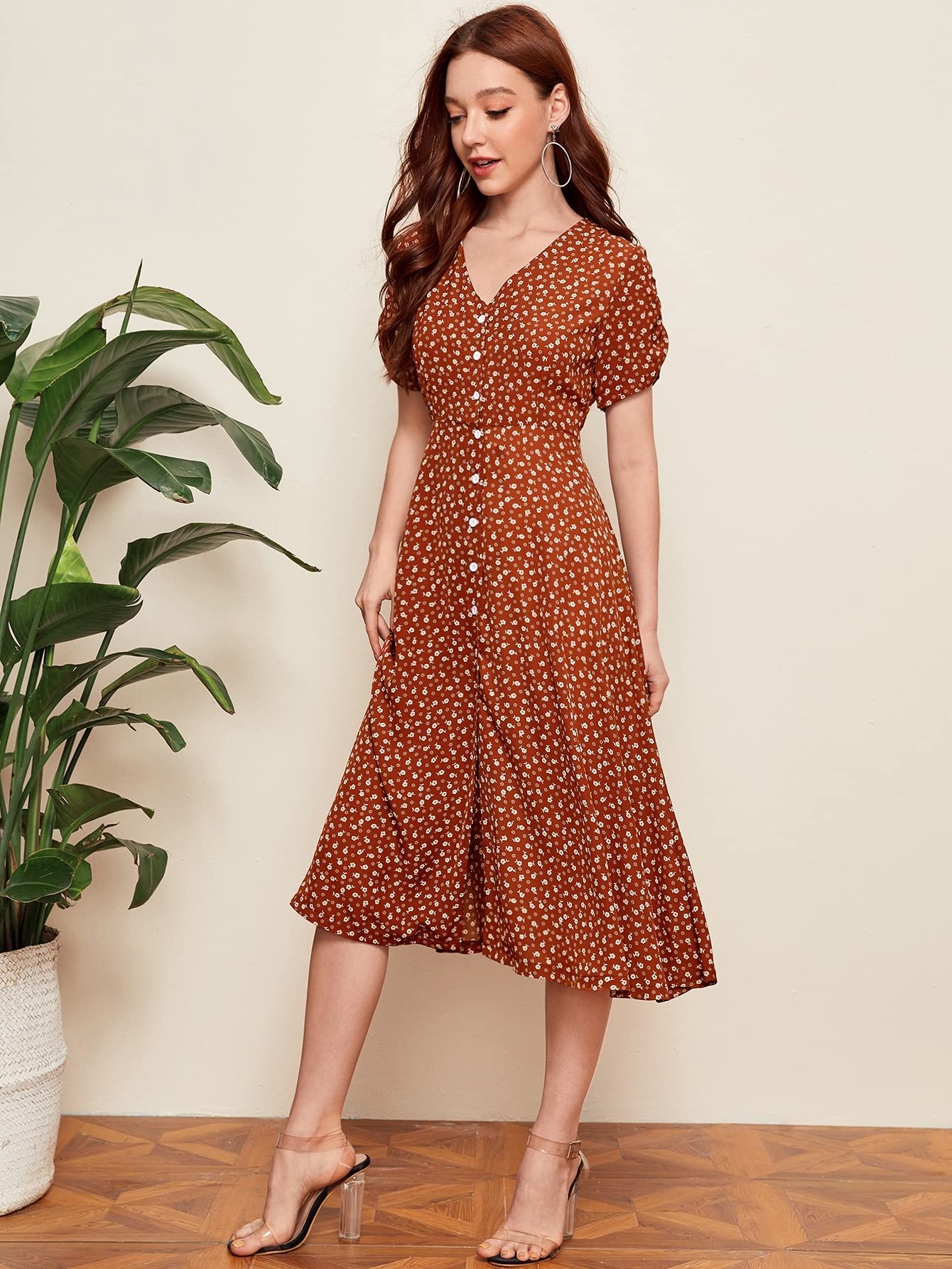 2022 Summer Women's Floral Midi Dress with Button Front - Short Sleeve Tea Dress for Beach, Party & Casual Wear | Perfect for Vacation, Date Night & Outdoor Events