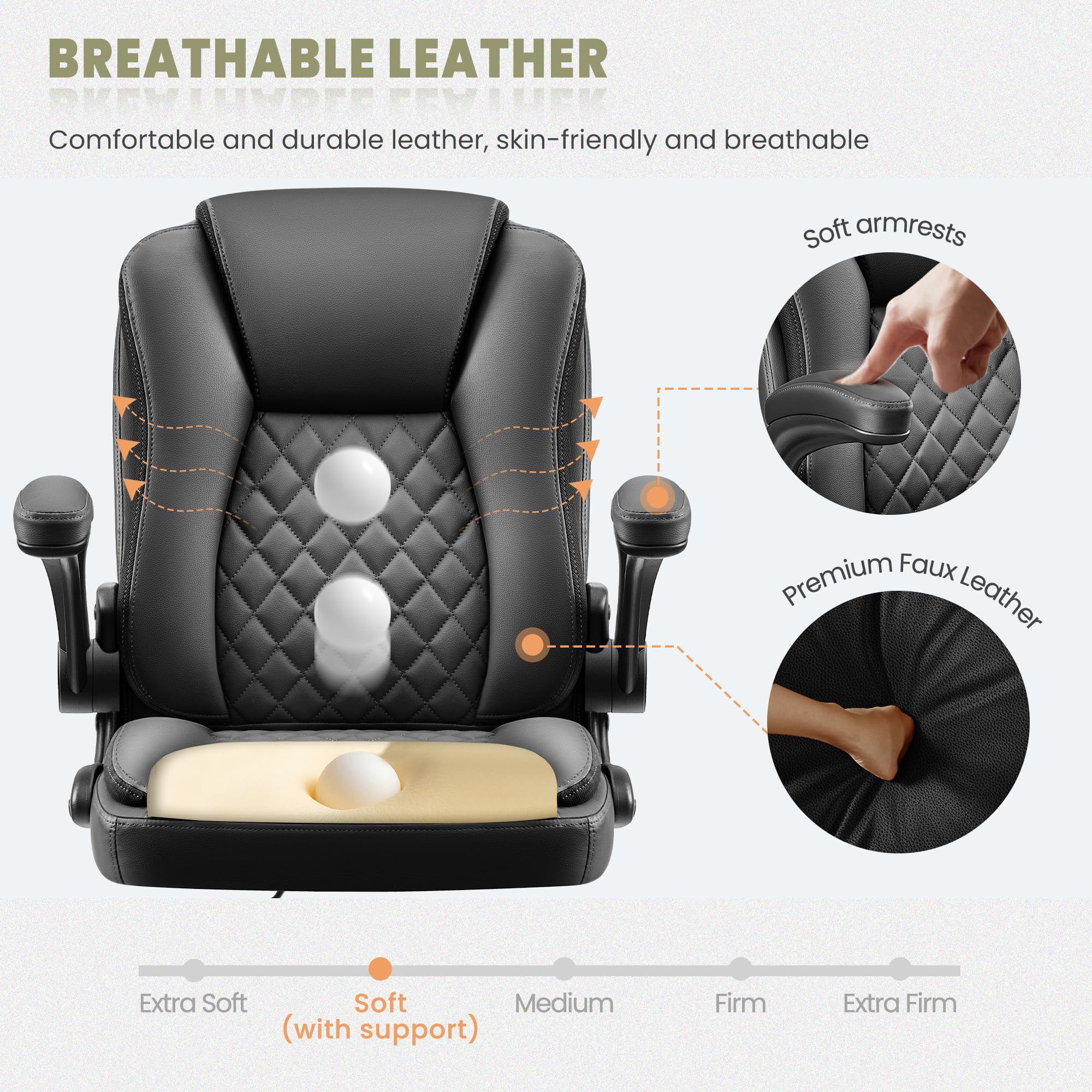 Premium Ergonomic Leather Executive Office Chair with Lumbar Support, Swivel & Wheels - Adjustable Flip-Up Armrests Black for Home Office, Computer Desk & Workspace Comfort