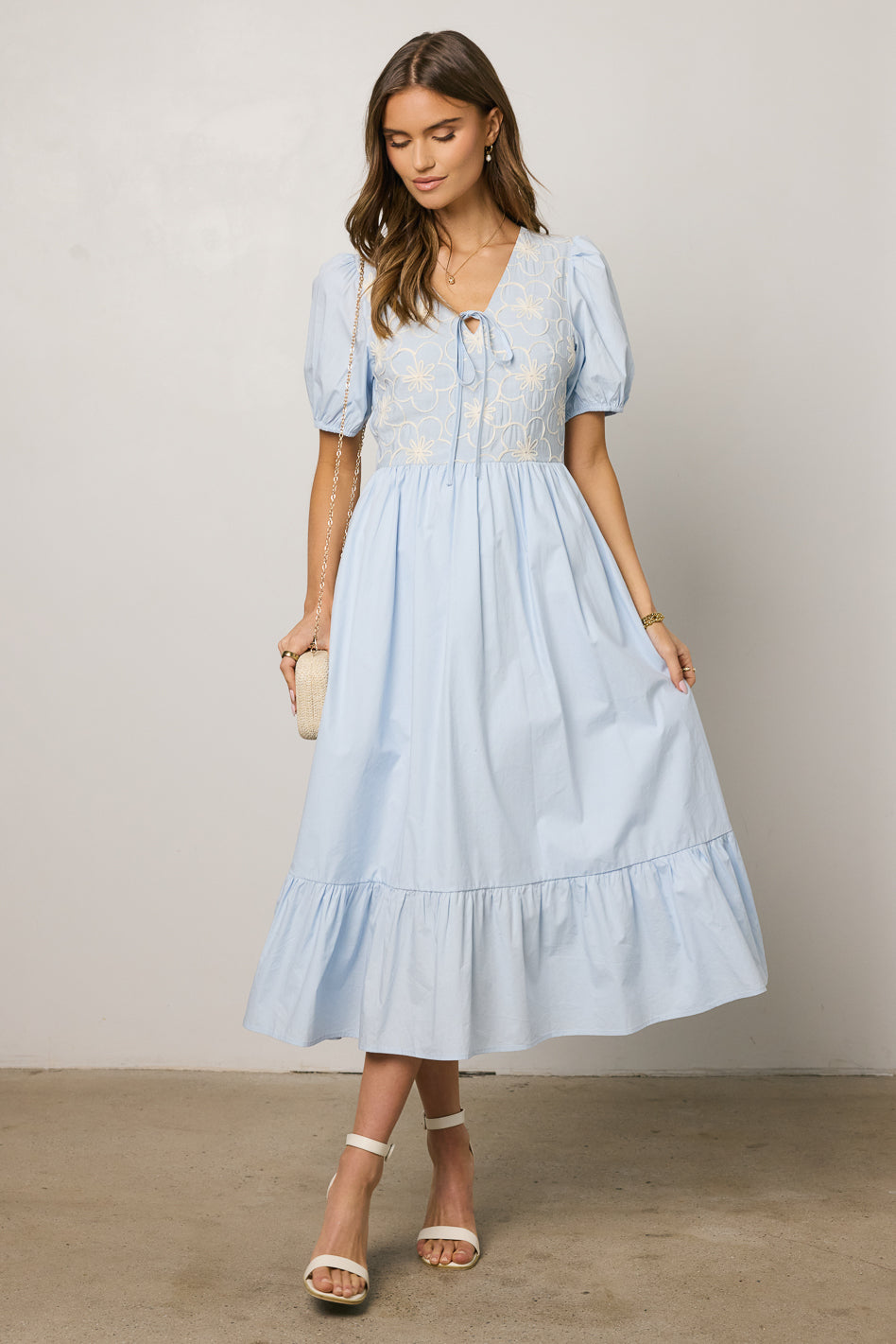 Jozette Floral Midi Dress in Blue - Elegant Summer Dress for Women, Perfect for Weddings, Parties & Beach Vacations