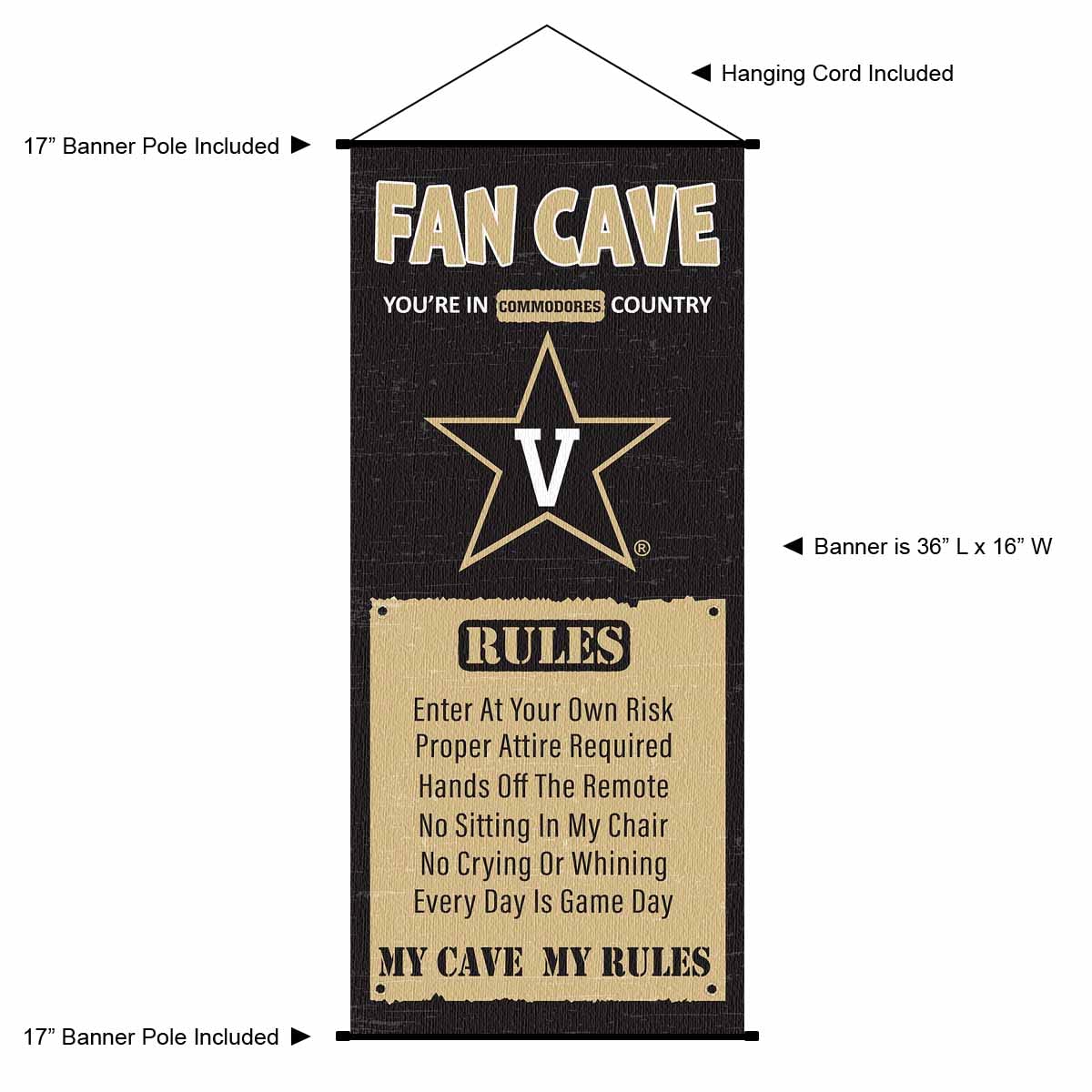 Vanderbilt Commodores Man Cave Fan Banner Scroll - College Football Decor for Game Room, Sports Bar & Tailgating Party