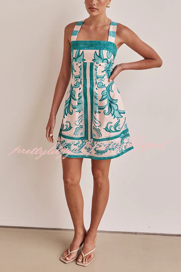 Stylish Summer Linen Blend Mini Dress with Unique Print, Wide Straps & Pockets - Perfect for Beach Vacations, Date Nights & Casual Outings