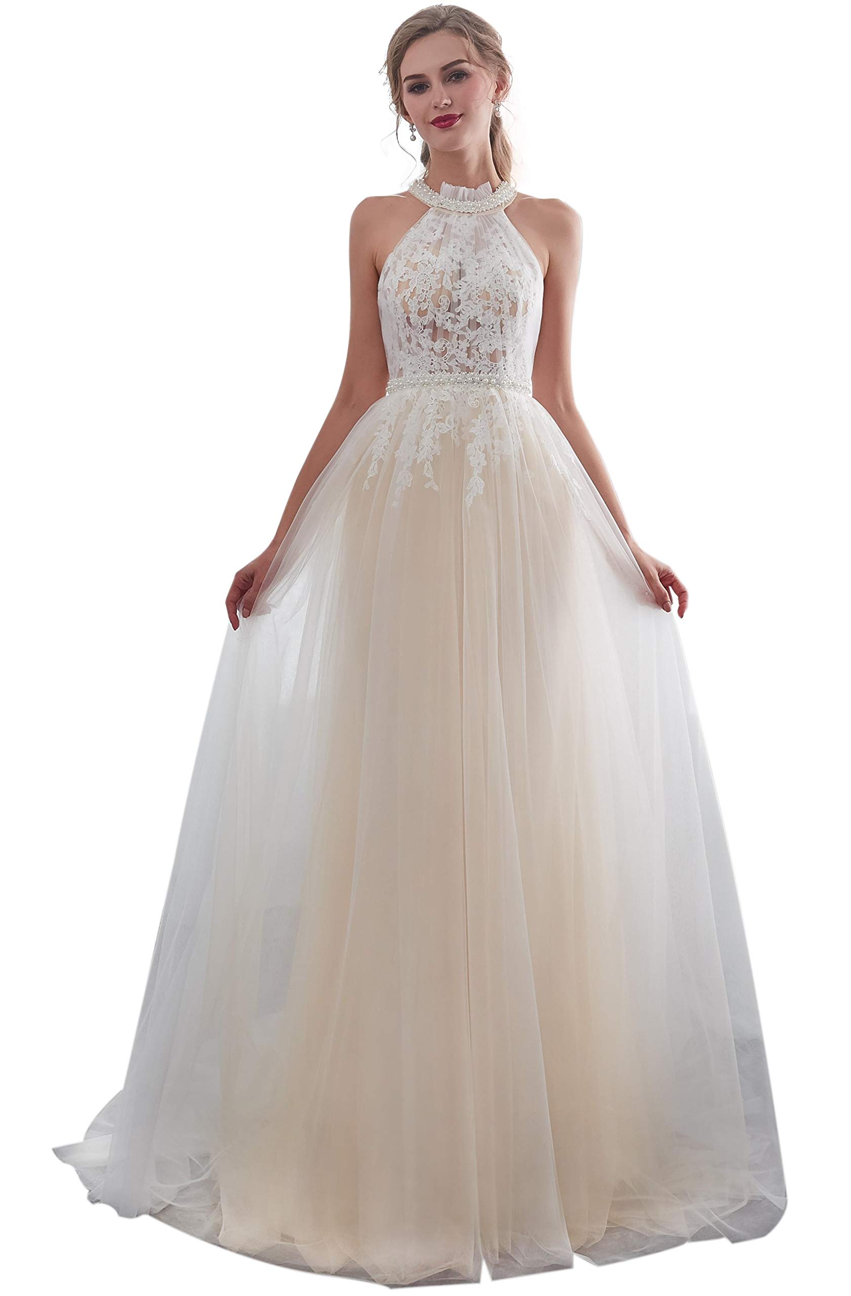 Elegant Women's Halter A-Line Beaded Applique Beach Wedding Dress | Flowy Summer Bridal Gown for Destination Weddings, Beach Ceremonies & Tropical Vacations