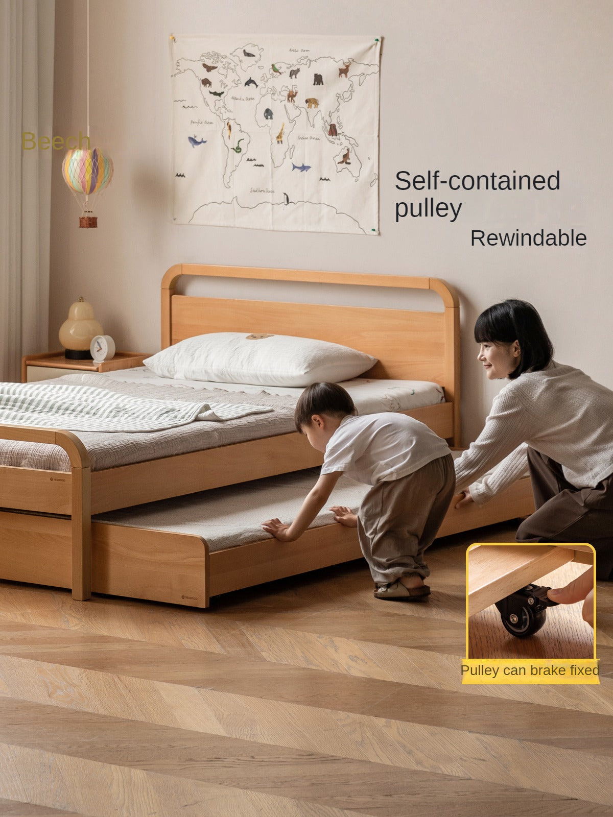 Solid Oak & Beech Wood Floor Bed with Pulley - Toddler Bed for Safe & Comfortable Sleep - Perfect for Montessori Bedrooms & Kids' Room Decor