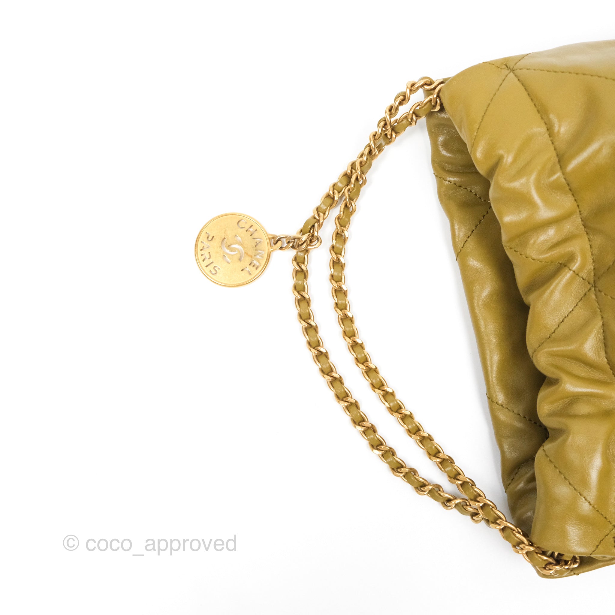 Chanel 22 Mini Bag in Olive Green | Shiny Crumpled Calfskin Leather with Aged Gold Hardware | Luxury Crossbody Purse for Women | Perfect for Date Night & Evening Events