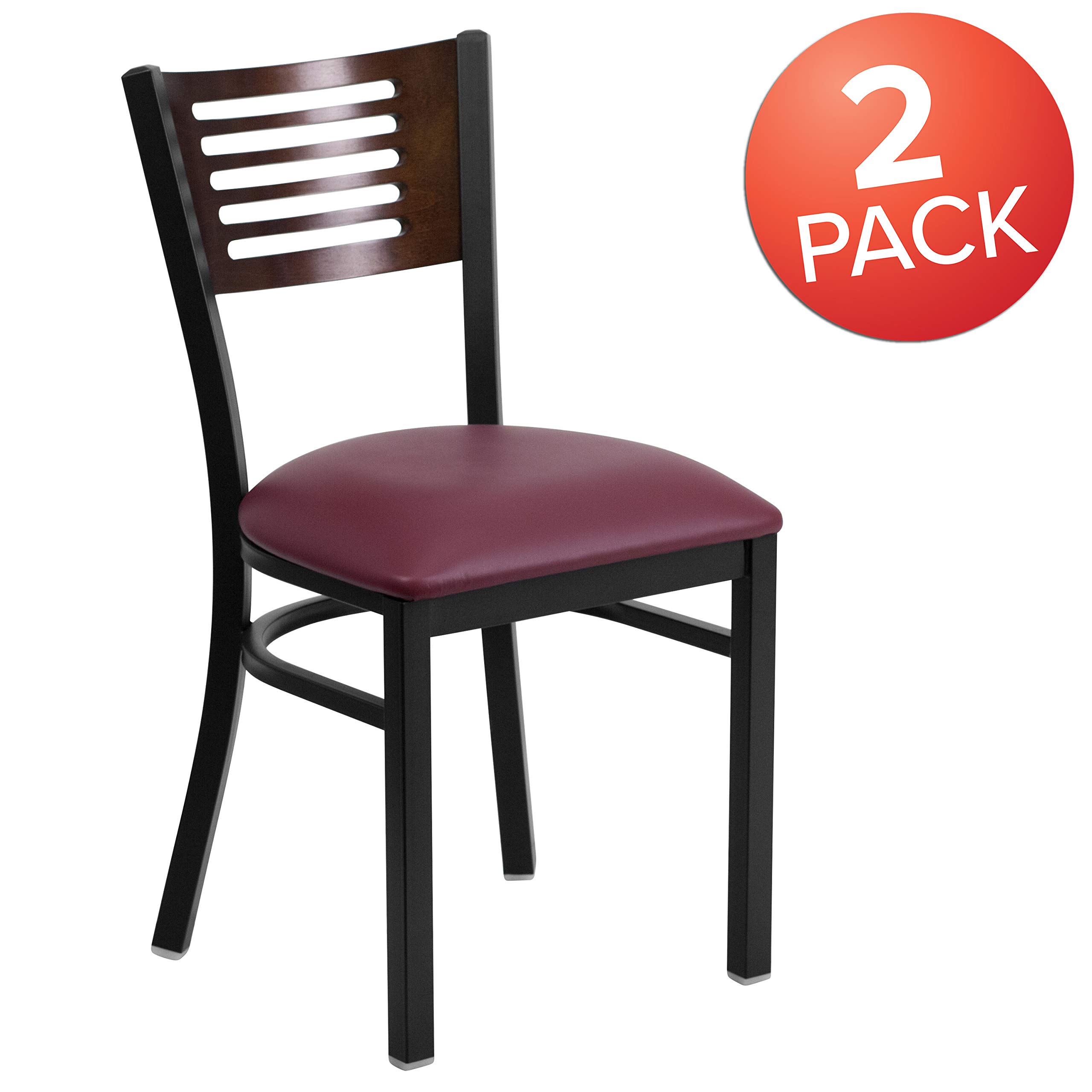 2 Pack Black Slat Back Metal Restaurant Chairs - Walnut Wood Back, Burgundy Vinyl Upholstered Seat - Durable Dining Chairs for Restaurants, Cafes, and Home Kitchens