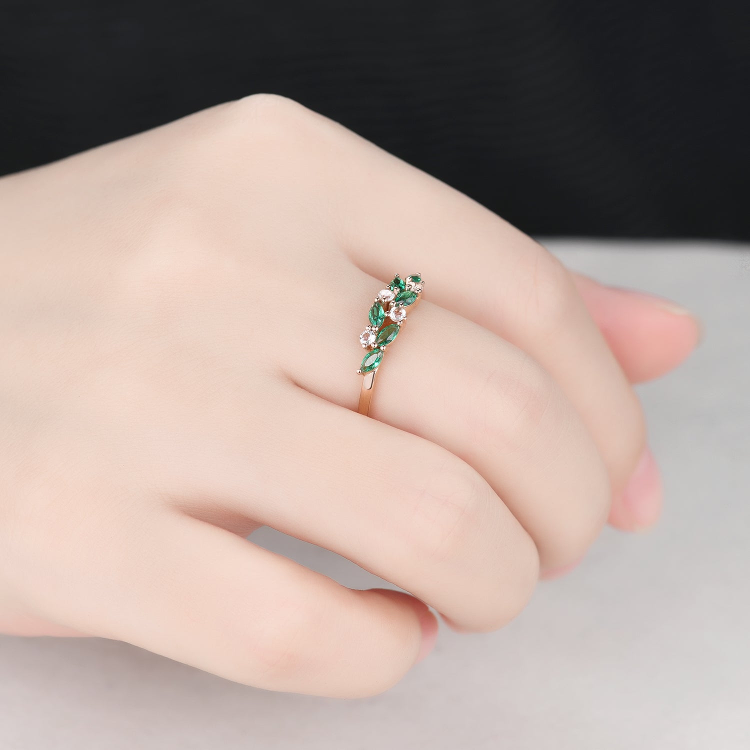 Exquisite 14k Rose Gold Emerald & Aquamarine Cluster Wedding Band – Elegant Mother’s Ring for Anniversary, Gift & Special Occasions