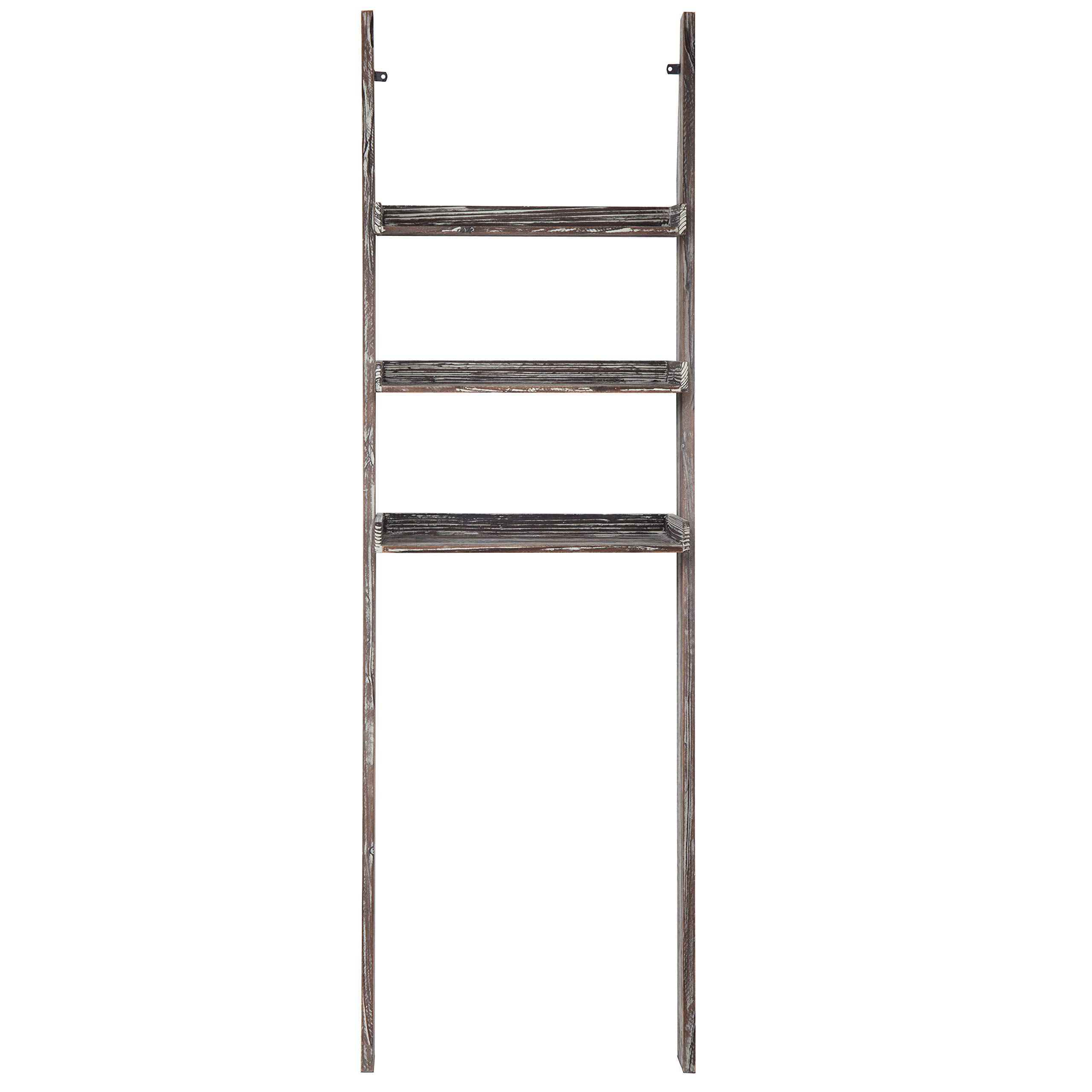 MyGift 3-Tier Over The Toilet Storage Shelf - Solid Torched Wood Wall Leaning Ladder Bathroom Organizer Rack for Small Spaces | Space-Saving Bathroom Storage Solution for Towels, Toiletries & Decor
