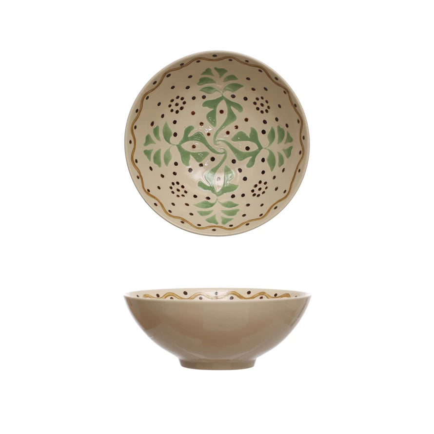 Cream White Ceramic Serving Bowl with Green & Brown Accents - Elegant Dinnerware for Salads, Pasta, and Home Decor