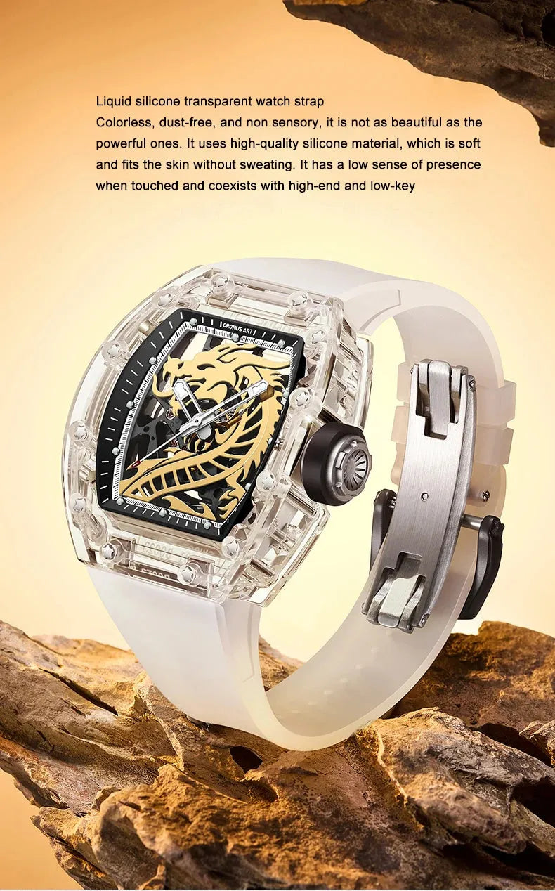CRONUSART Men's Automatic Mechanical Watch - Tonneau Sapphire Crystal Case, Luminous Hands, Skeleton Dragon Dial, Liquid Silicone Strap - Perfect for Business, Casual & Formal Occasions