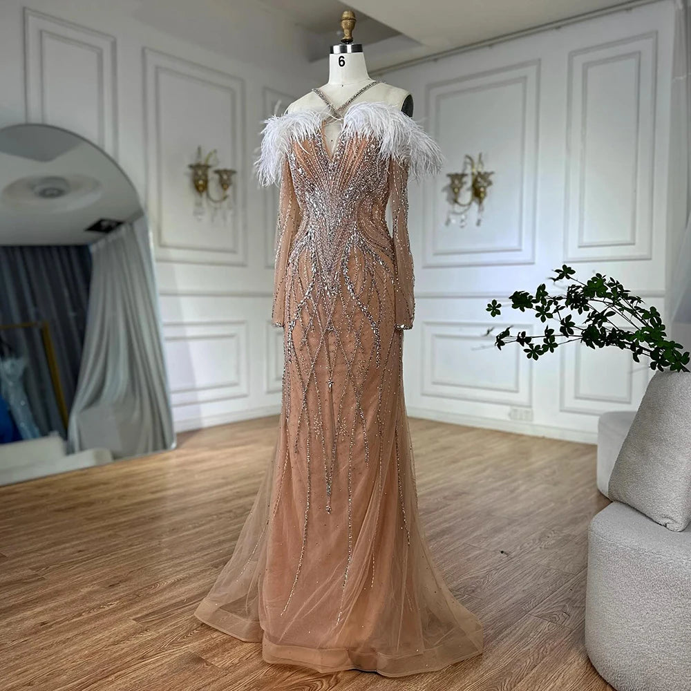 Luxury Dubai Blue Feather Beaded Mermaid Evening Gown for Women - Formal Dresses for Prom, Gala & Special Occasions - Elegant Beaded Sequin Gowns LA72836