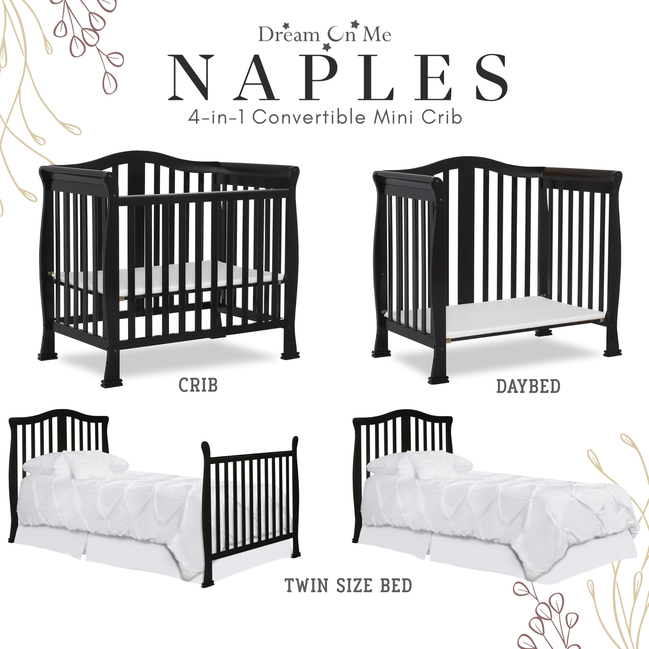 Dream On Me Addison 4-in-1 Convertible Mini Crib - Black | Greenguard Gold Certified | Non-Toxic New Zealand Pinewood | Includes 1