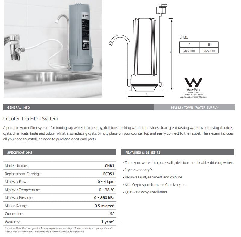 Puretec CNB1 Countertop Water Filtration System with Faucet - 4 LPM Flow Rate | Under Sink & Kitchen Drinking Water Filter for Clean, Great-Tasting Water