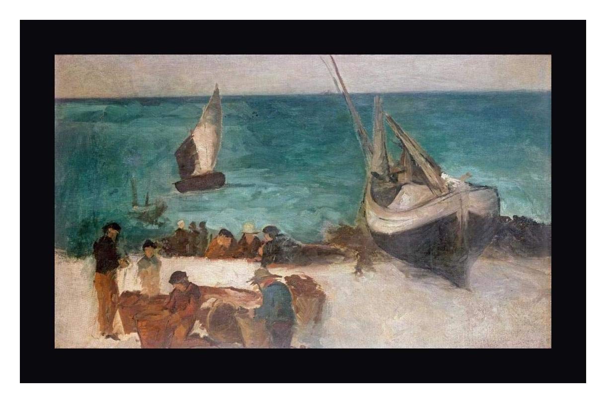 Seascape at Berck Fishing Boats and Fishermen by Edouard Manet - 14x20 Inch Framed Canvas Art Print with Black Frame - Ready to Hang Wall Decor for Living Room, Bedroom or Office