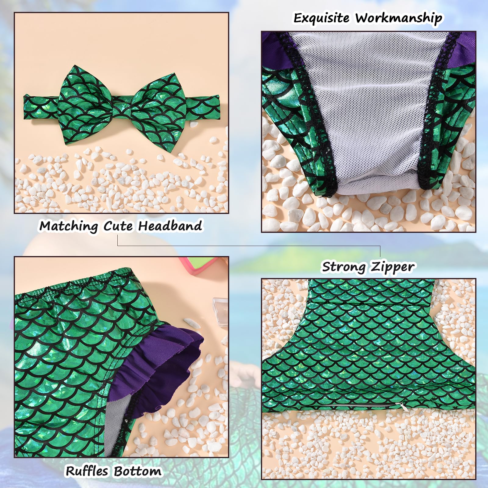 Cute Baby Girl Mermaid Swimsuit Set with Matching Headband - Toddler Swimwear for Beach, Pool & Summer Photos | UV Protection Bikini Bathing Suit for Infants