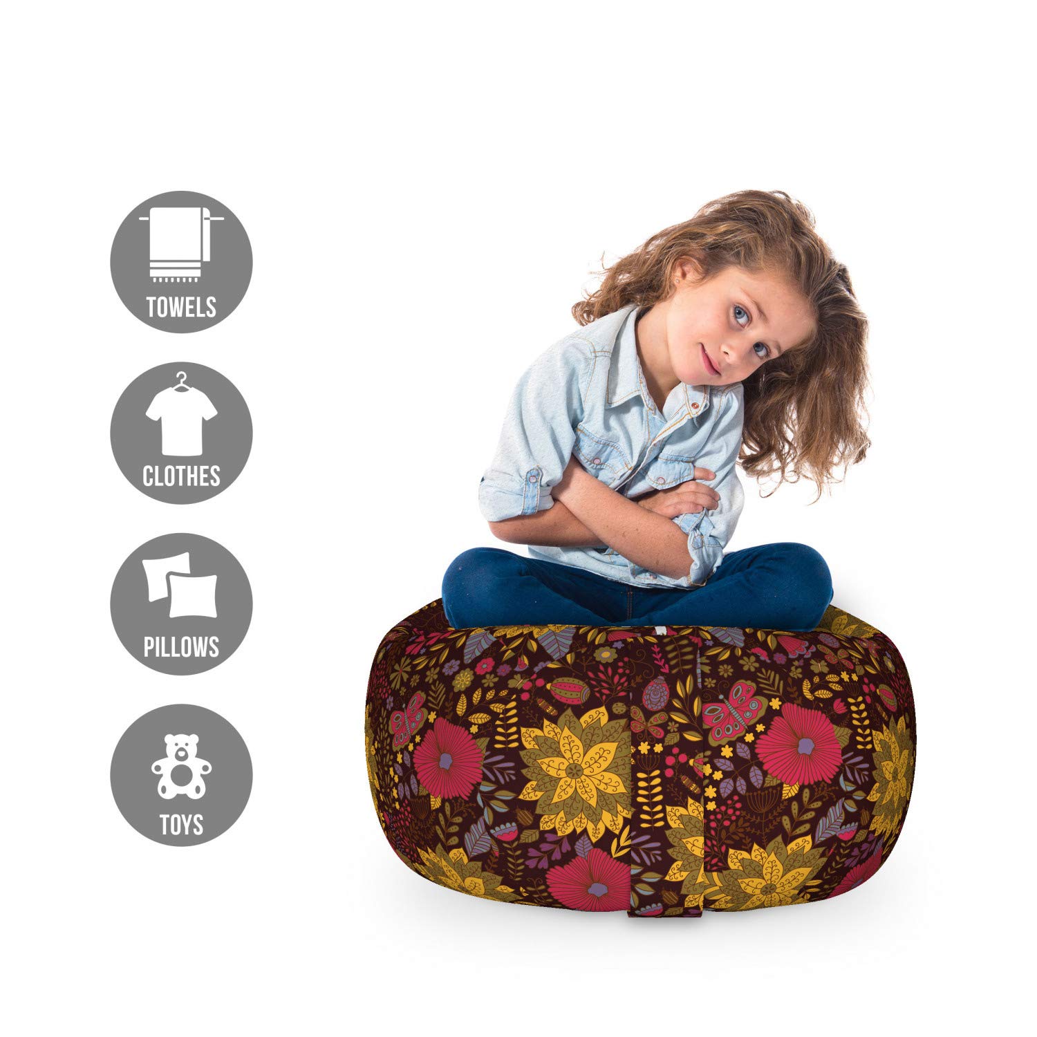 Ambesonne Garden Art Storage Toy Bag Chair - Botany Inspired Butterfly & Ladybug Design, Washable Stuffed Animal Organizer, Small Multicolor - Perfect for Kids' Room, Nursery, and Playroom Organization