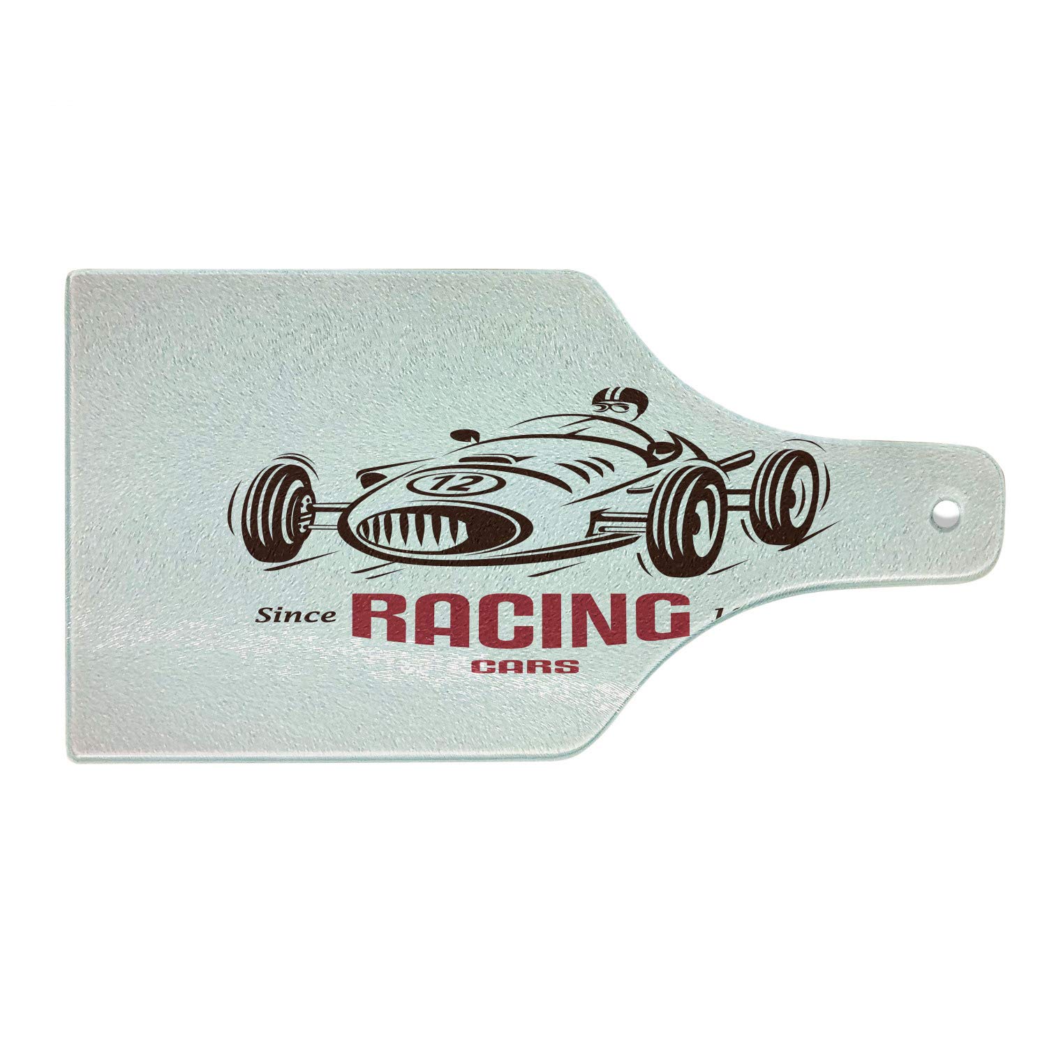 **Ambesonne Retro Race Car Design Tempered Glass Cutting Board - Decorative Serving Board with Formula 1 Emblem, Wine Bottle Shape in Chestnut Brown, Pink & White - Perfect for Kitchen Decor, Charcuterie & Wine Parties**