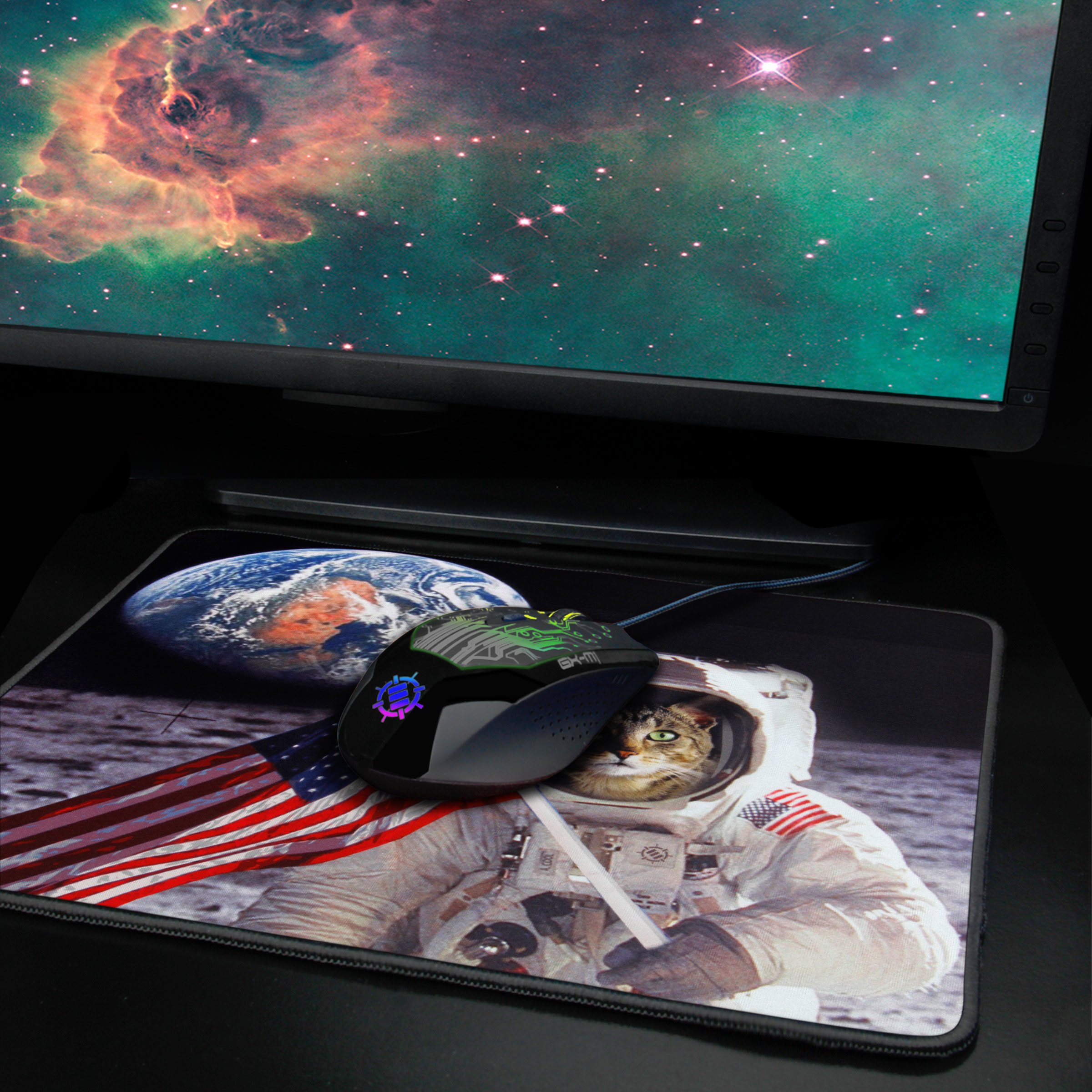 Funny Large Cat Gaming Mouse Pad - Patriotic Cat Astronaut Design (12.6x10.6 inches) | Non-Slip Rubber Base & Anti-Fray Stitching | Perfect for Gamers, Office Work & Home Computer Setup