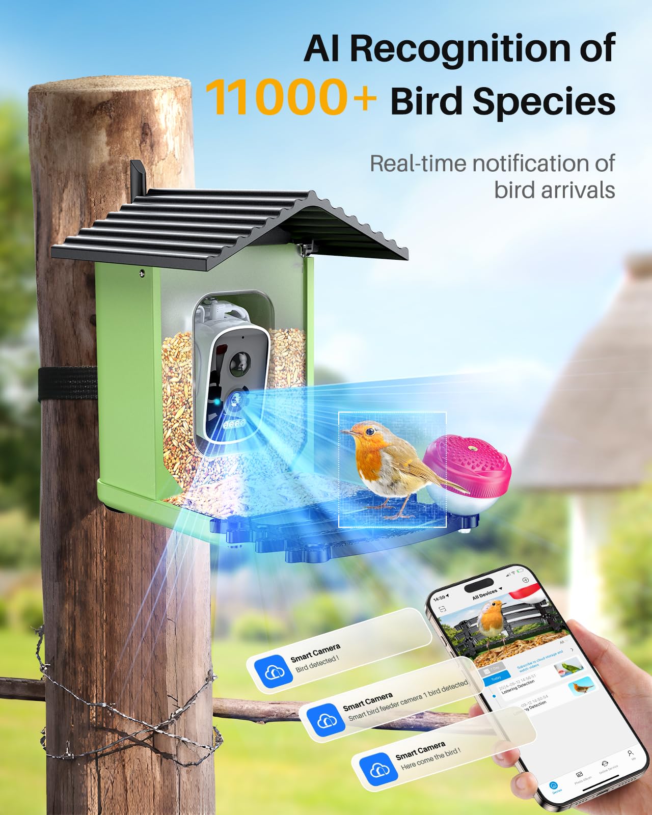 2K HD Smart Bird Feeder with Camera - Solar Powered AI Bird House with Live View, Instant Alerts & Auto Video Capture - Perfect Outdoor Gift for Bird Lovers | Watch & Identify Birds in Your Backyard