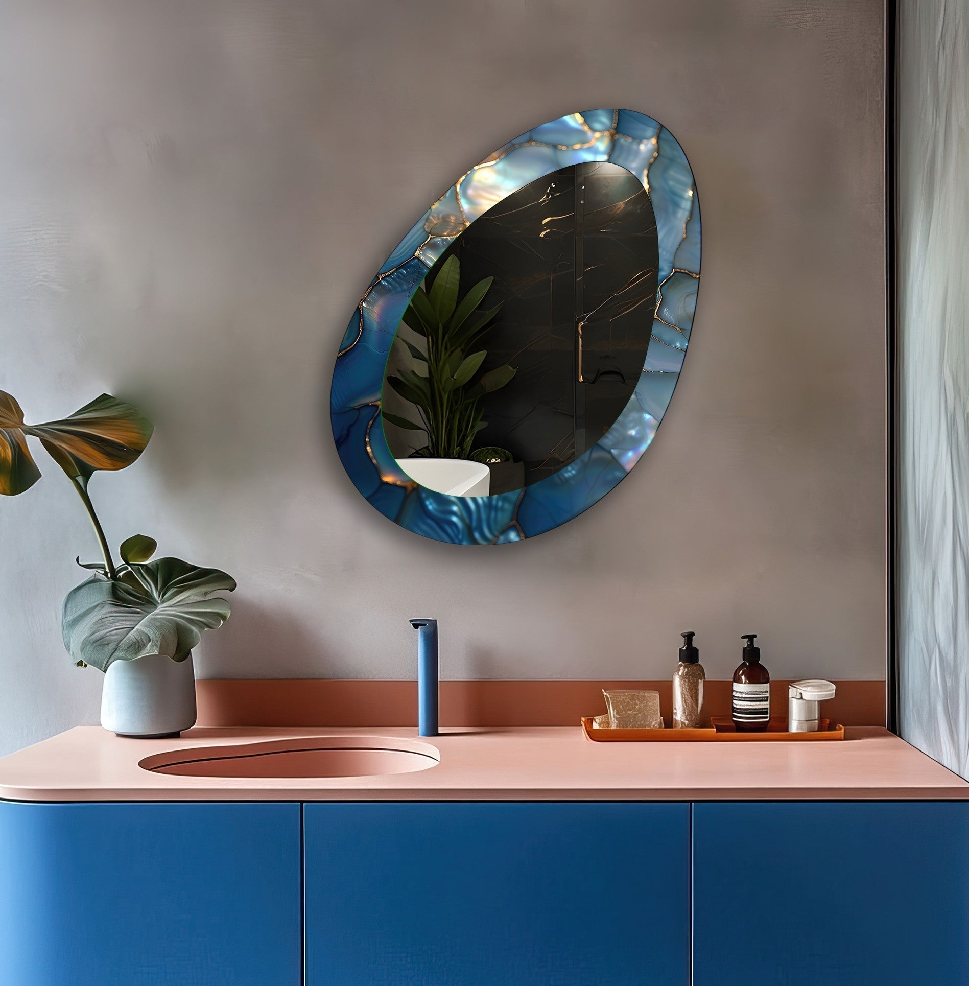 Blue Metallic Abstract Wall Mirror - Modern Decorative Mirror for Living Room, Bedroom & Entryway - Stylish Home Decor & Interior Design Accent