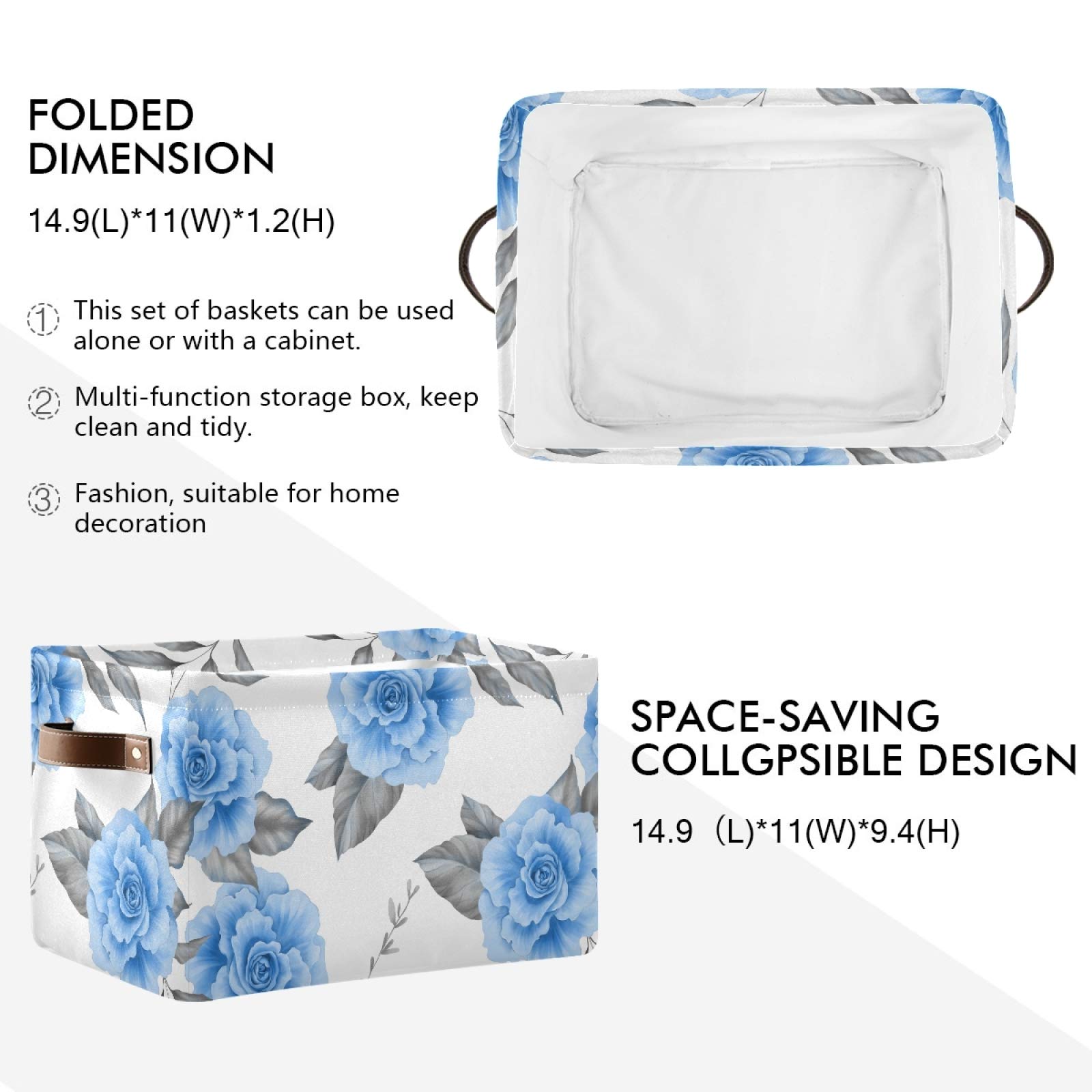 Floral Blue Roses Foldable Storage Bins - 2 Pack Collapsible Fabric Baskets with PU Handles for Home Organization | Shelves, Closet, Bedroom & Living Room Storage Solutions | Space-Saving Decorative Bins for Laundry, Toys & Blankets
