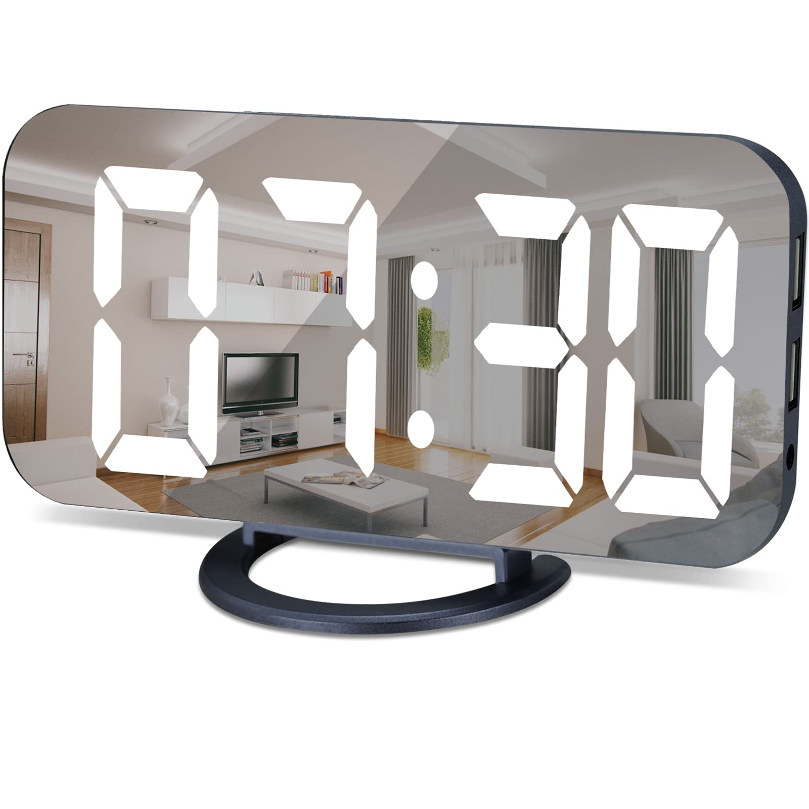 Modern LED Digital Alarm Clock with Mirror & Large Display - Auto Dim, Snooze, 2 USB Charger Ports - Perfect for Bedroom, Living Room, Office & Nightstand Decor (Navy Blue)