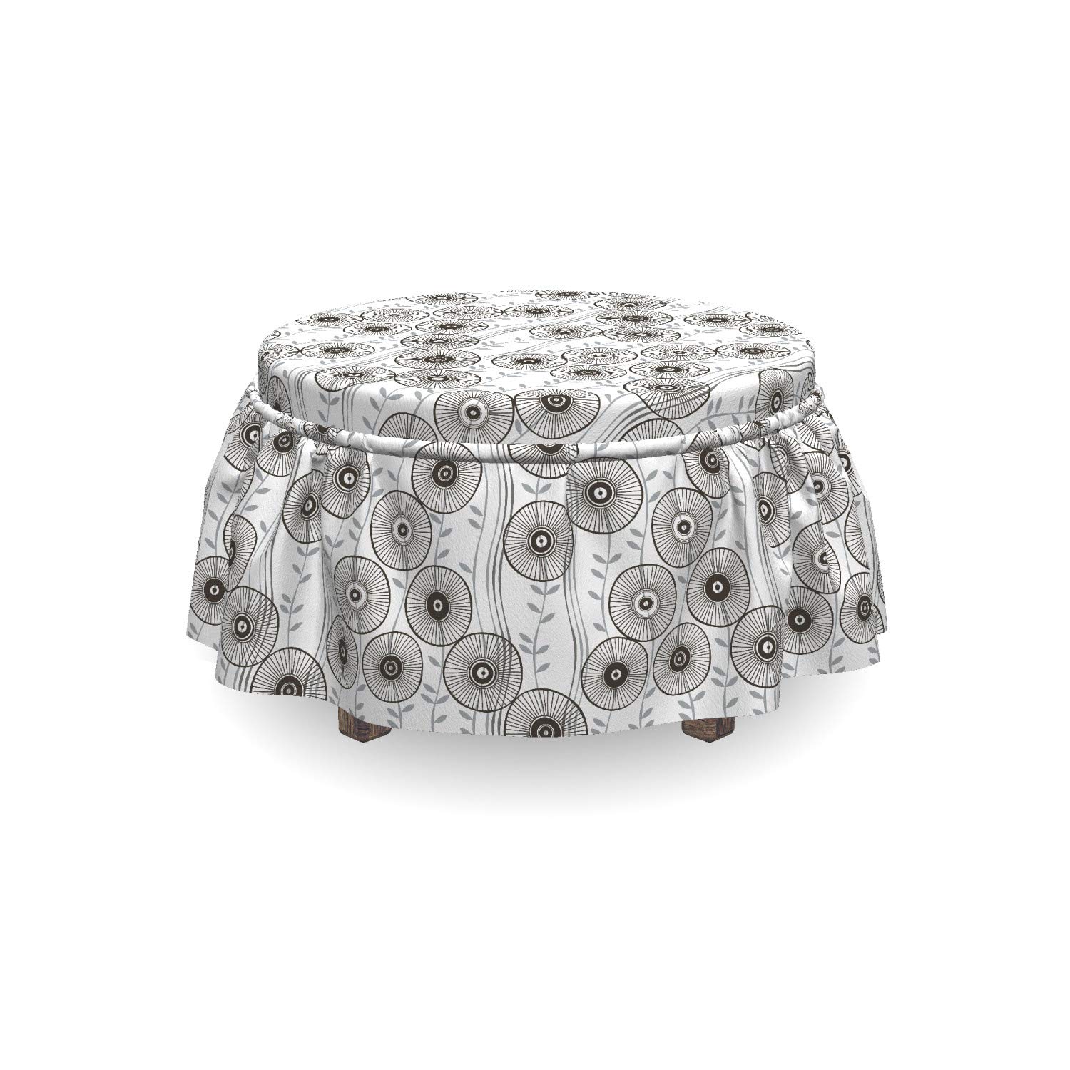 Ambesonne Abstract Ottoman Cover Set - Wagon Wheel Design, 2-Piece Slipcover with Ruffle Skirt for Square/Round Footstools | Dark Taupe Grey & White | Home Decor Accent for Living Room, Bedroom & Office