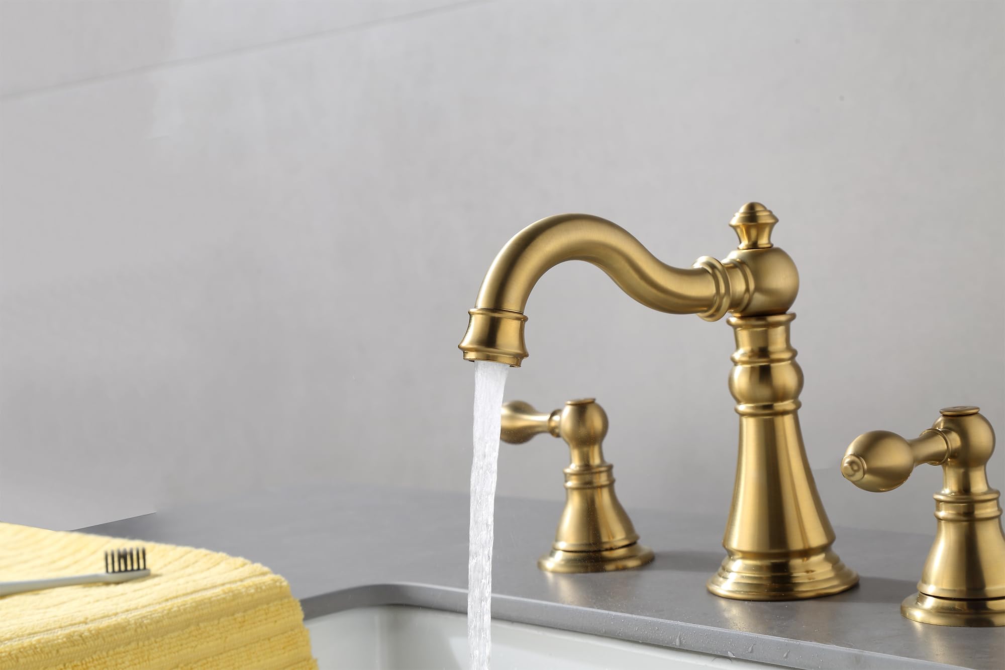 Brushed Gold 8 Inch Widespread Bathroom Faucet - Two Handle High Arc Lavatory Sink Faucet with Pop Up Drain, 3 Hole Installation (Model F-8805-BG) - Perfect for Modern Bathroom Vanities and Powder Rooms