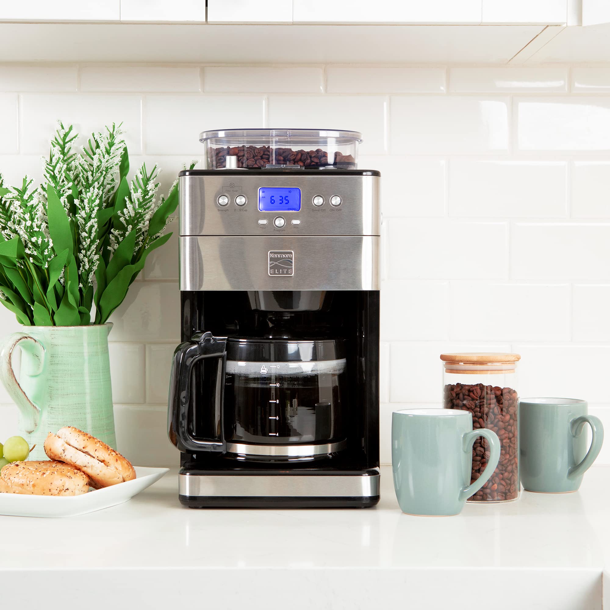 Kenmore Elite Grind and Brew Coffee Maker - 12 Cup Programmable Automatic Coffee Machine with Burr Grinder, Fresh Bean Hopper & Glass Carafe - Perfect for Home Kitchens, Offices and Small Cafés - Barista Style Coffee Maker for Espresso, Latte & Drip Coffee