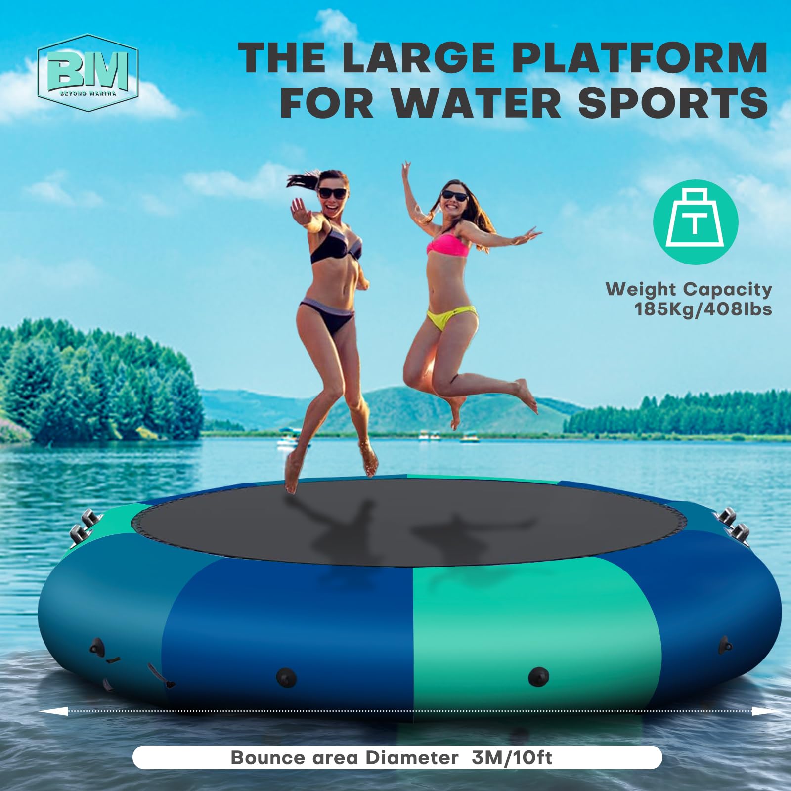 BEYOND MARINA 10FT Inflatable Water Trampoline for Lake, Beach & Pool - Heavy Duty Floating Bouncer with Electric Pump for Adults & Kids - Perfect for Water Sports, Summer Fun & Backyard Parties