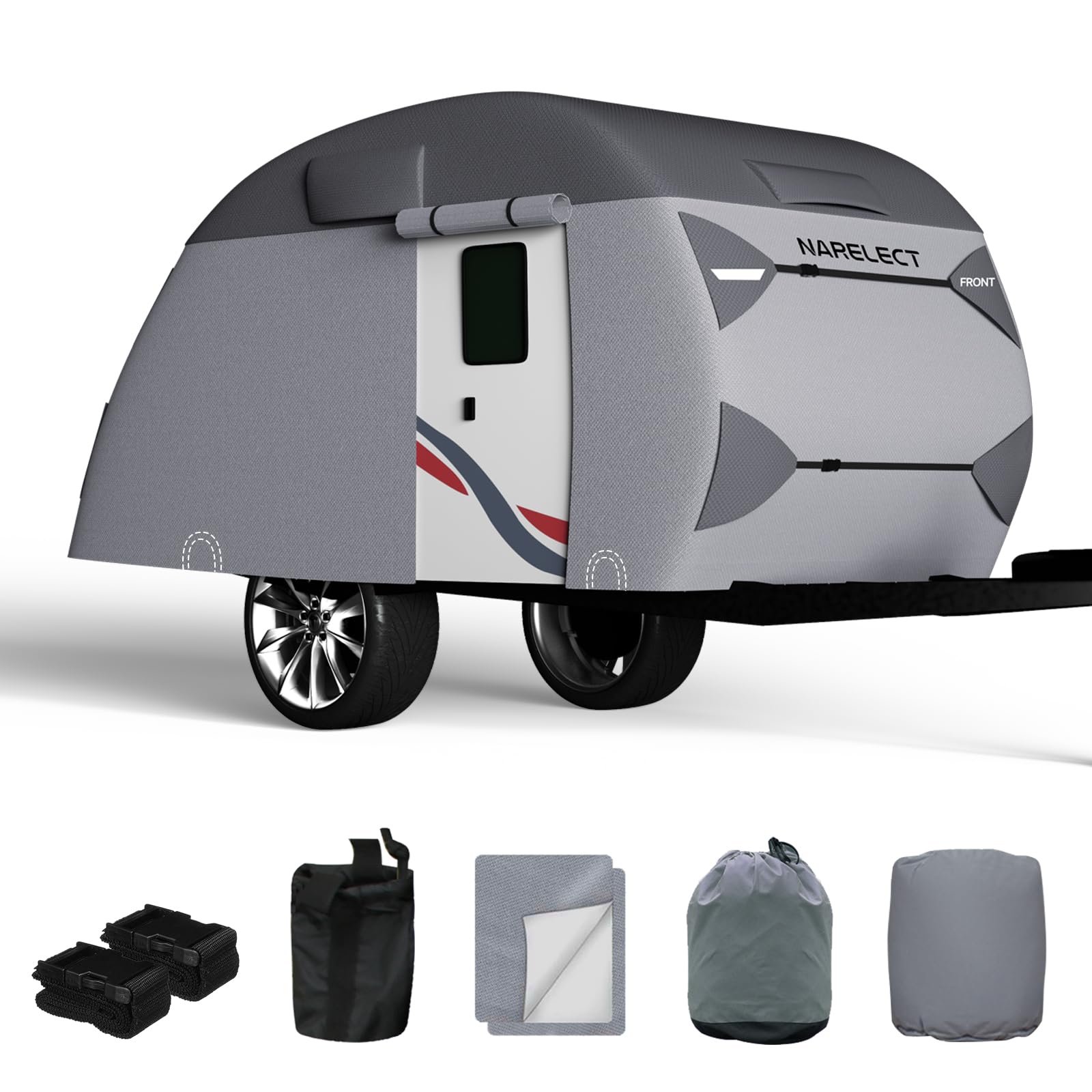 Heavy Duty 8'-10' Teardrop Travel Trailer Cover - 7-Layer Waterproof RV Camper Cover with Windproof Straps | Fits R-Pod & Clamshell Trailers | Perfect for Outdoor Camping, Winter Storage & Travel Protection