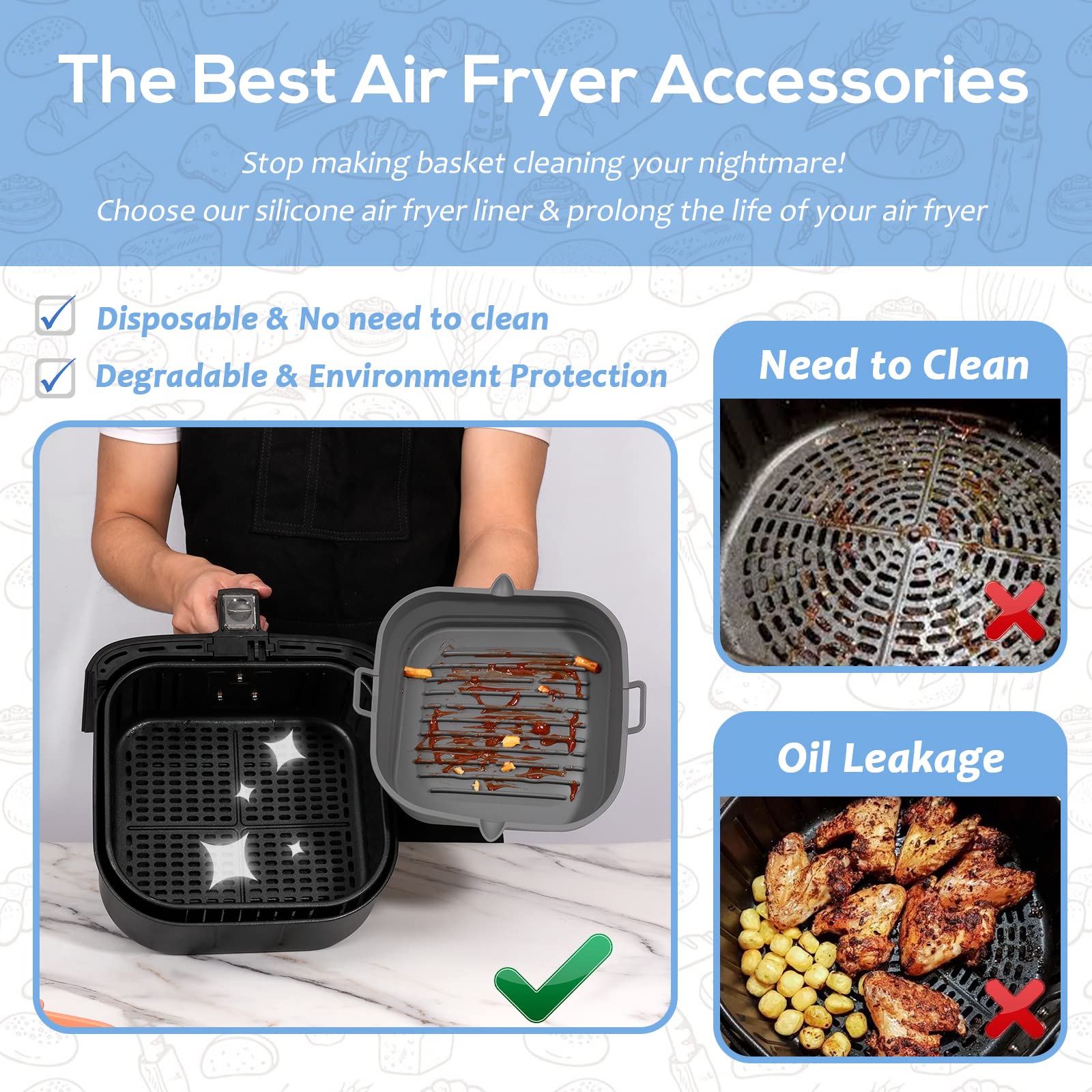 Reusable 8.5 Inch Square Silicone Air Fryer Liners & Basket - Non-Stick Baking Tray for 5.8 to 8 Qt Air Fryers & Ovens - Easy to Clean Kitchen Accessories - Perfect for Healthy Cooking, Meal Prep & Family Dinners