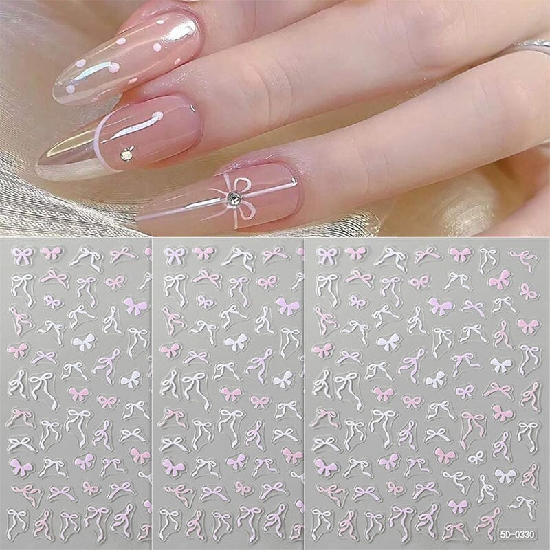 5D Pink and White Bowknot Nail Stickers - Elegant Nail Art Decals for DIY Manicures, Perfect for Parties, Weddings, and Special Occasions