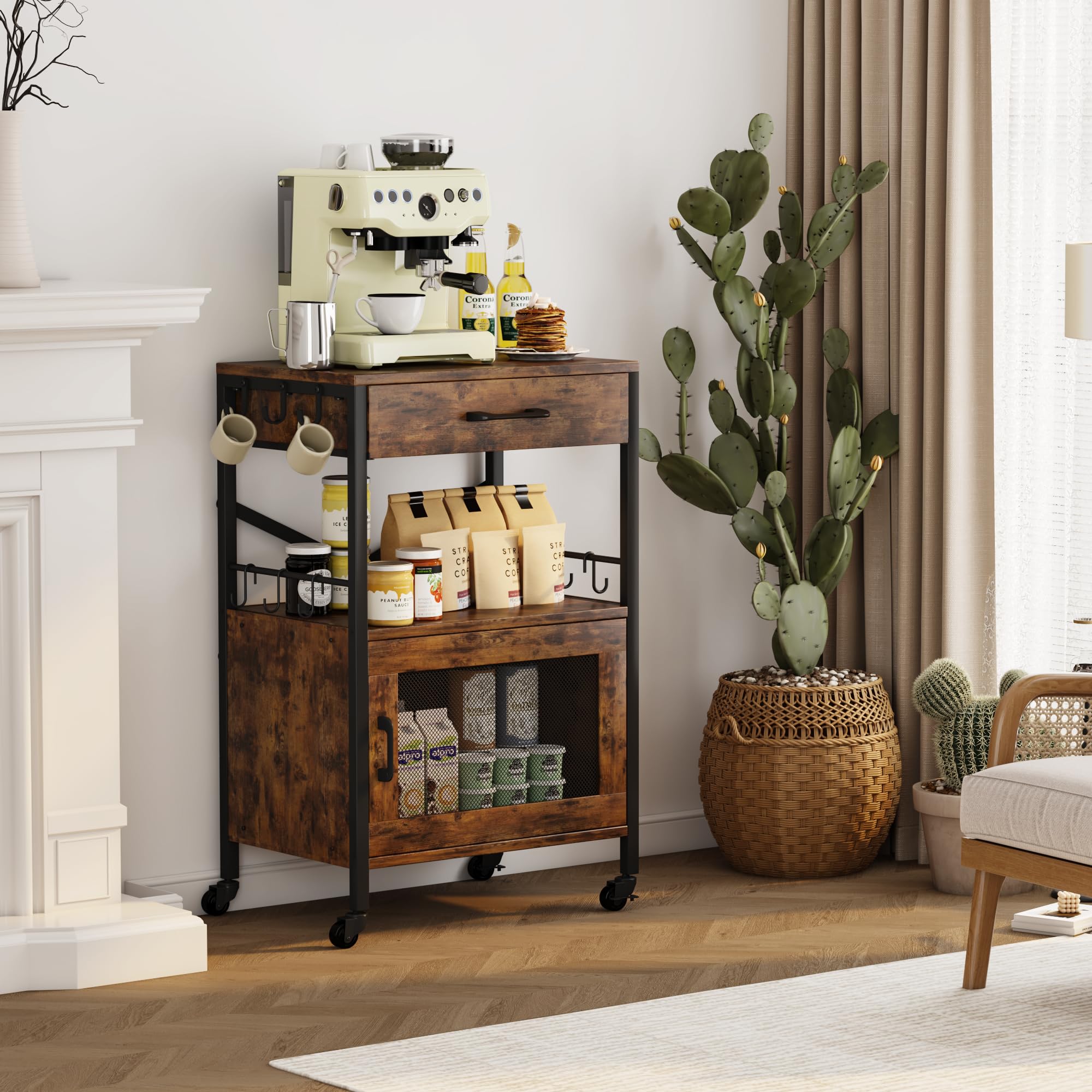 Homeiju Kitchen Island Cart with Drawer - Mobile Storage Cabinet with Wheels, Microwave Stand & Coffee Station - Perfect for Small Kitchens, Dining Rooms & Apartment Living