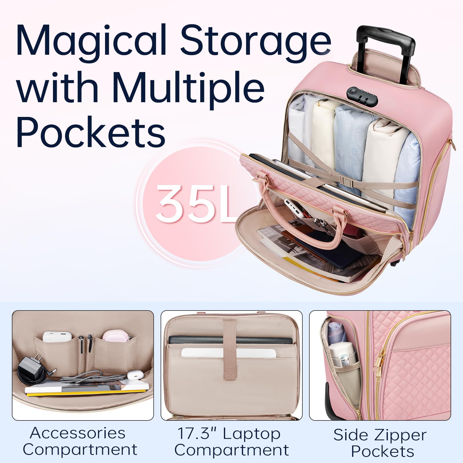 Ytonet 17.3 Inch Rolling Laptop Briefcase for Women - Water Resistant Wheeled Computer Bag with Lock for Travel, Business, Work & School - Perfect for Overnight Trips, Teacher Commute & Weekender Getaways (Pink)