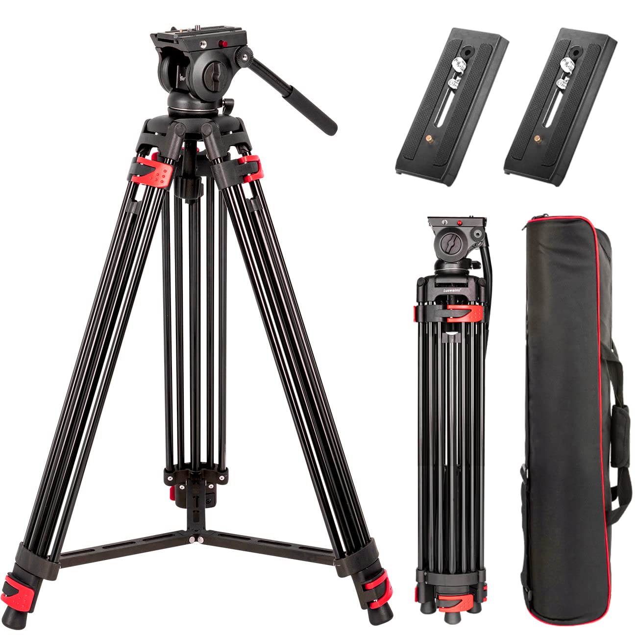 Lusweimi 72 Inch Heavy Duty Aluminum Tripod - Professional Video Camera Stand with 360° Fluid Head, 2 Quick Release Plates & Mid-Level Spreader, Supports 17Lbs for DSLR Cameras - Perfect for Vlogging, Photography, and Film Production