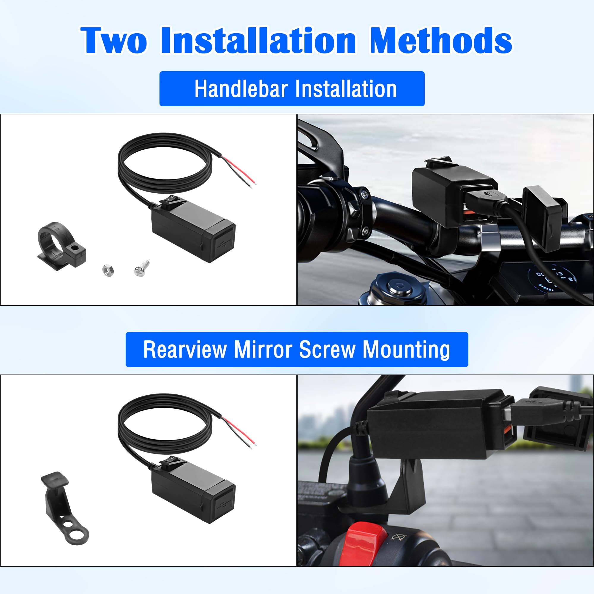 MEIRIYFA QC3.0 Dual USB Motorcycle Charger - 5V 2.1A Waterproof Fast Charging Port with ON/Off Switch - Universal USB Phone Charger for Motorcycle, Motorbike, Car, Truck - Perfect for Road Trips & Outdoor Adventures