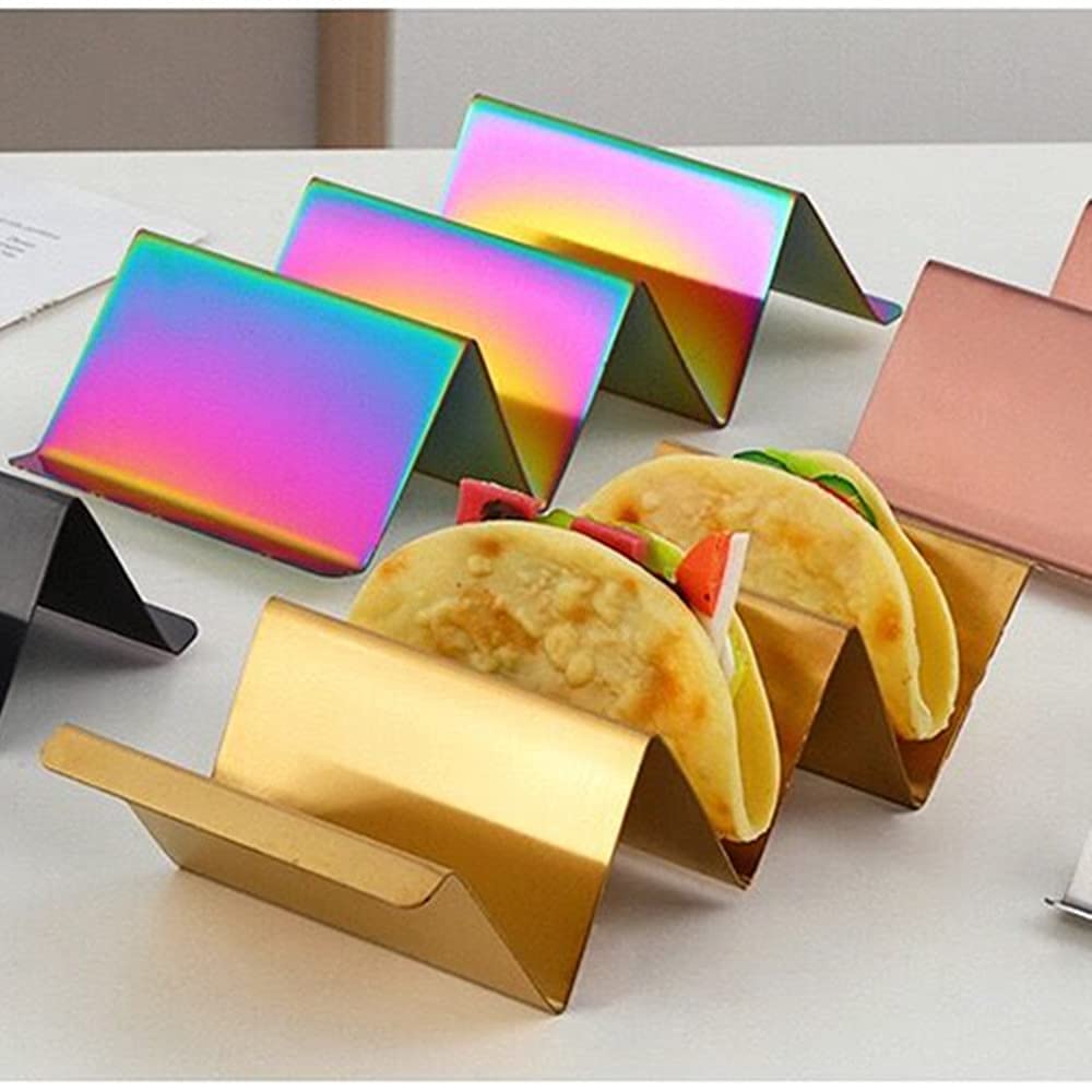 4-Piece Gold Taco Holder Set with Food Tong - Stainless Steel Taco Stand with Handles for Parties & Taco Nights - Holds 3 Tacos Each - Dishwasher & Oven Safe - Perfect for Cinco de Mayo, Game Day & Mexican-Themed Gatherings