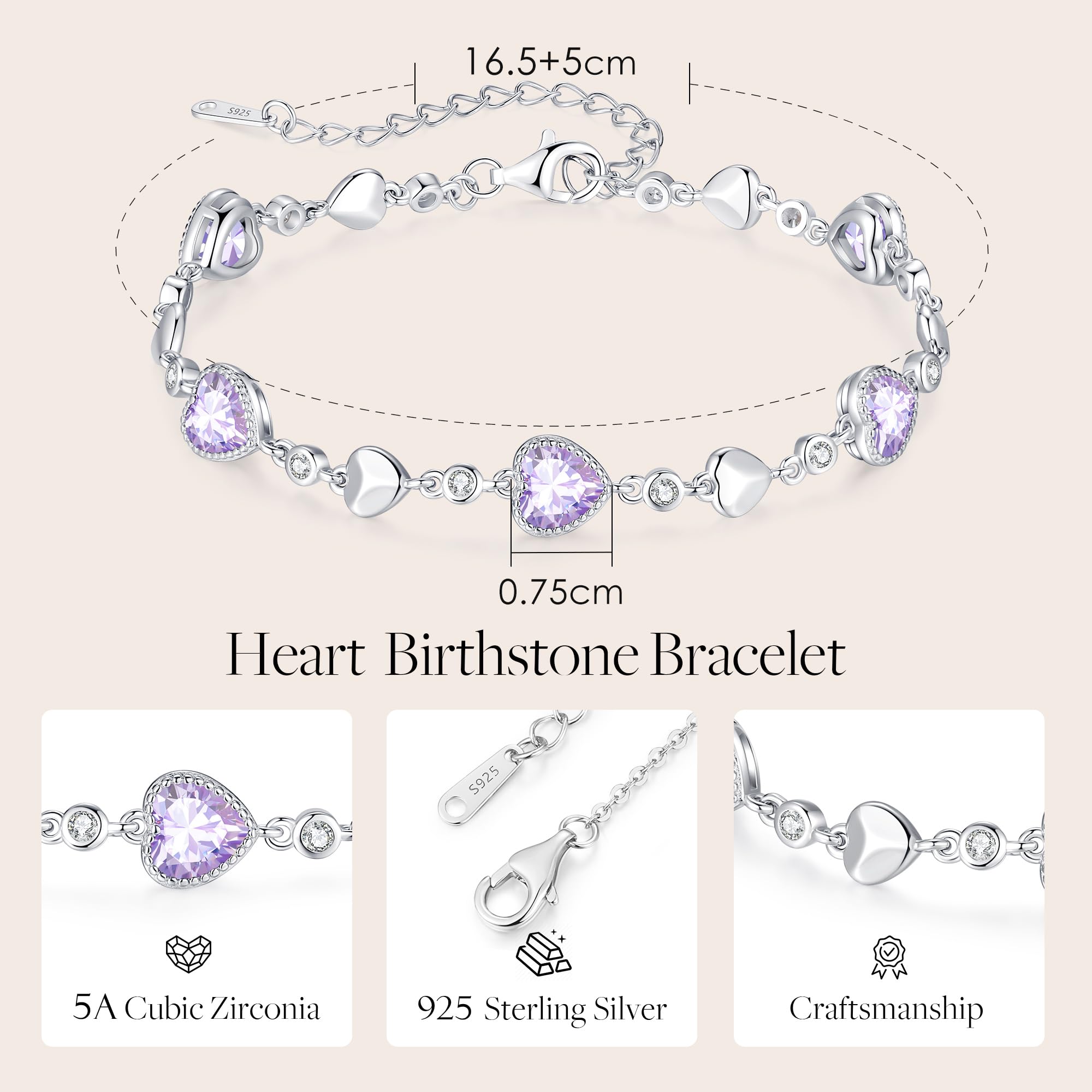 LOUISA SECRET 925 Sterling Silver Five Love Heart Birthstone Charm Link Bracelet for Women - Elegant Jewelry Gift for Wife, Mom, Girlfriend - Perfect for Birthday, Anniversary, Christmas & Everyday Wear