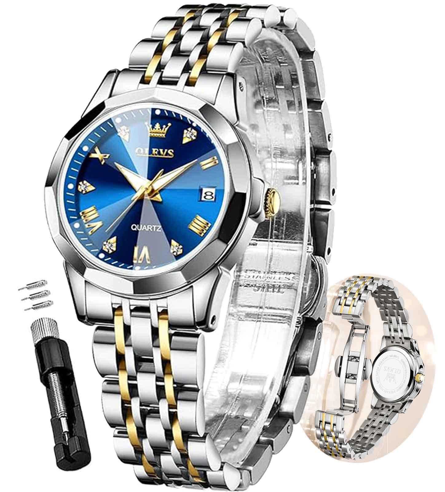 OLEVS Gold Women's Watch with Date & Day Display - Stainless Steel Waterproof Small Face Quartz Analog Ladies Watch - Fashion Gold/Black/White Dial Wristwatch - Perfect for Office, Party & Everyday Wear