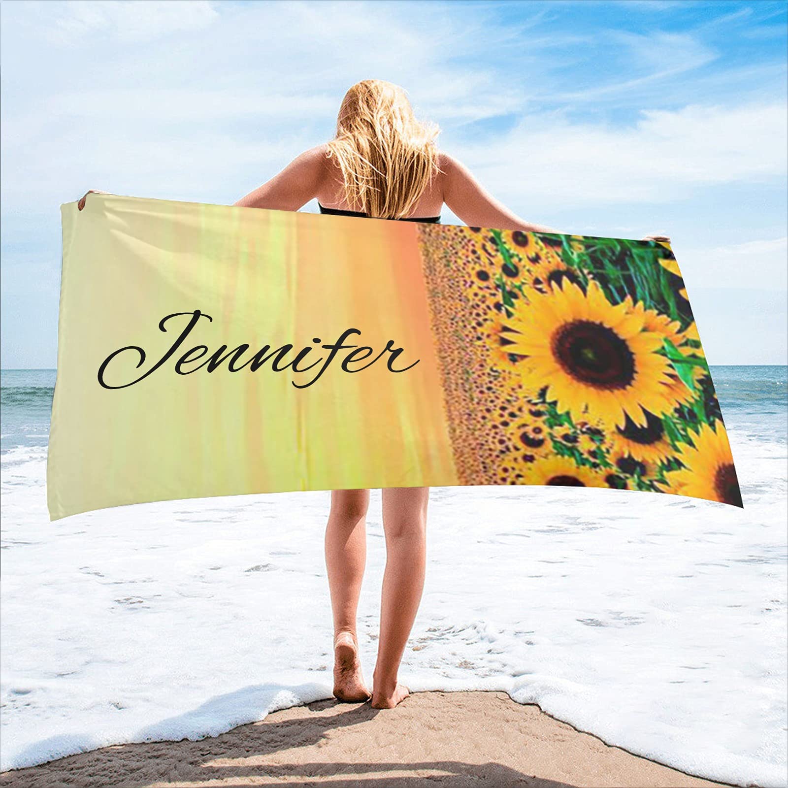 Personalized Beach Towel with Name - Sunflower Sunset Design, Quick Dry Bath Towel for Pool & Swim, 30x60 Inch, 2-Sided Printing - Perfect for Beach Vacations, Summer Travel & Spa Days